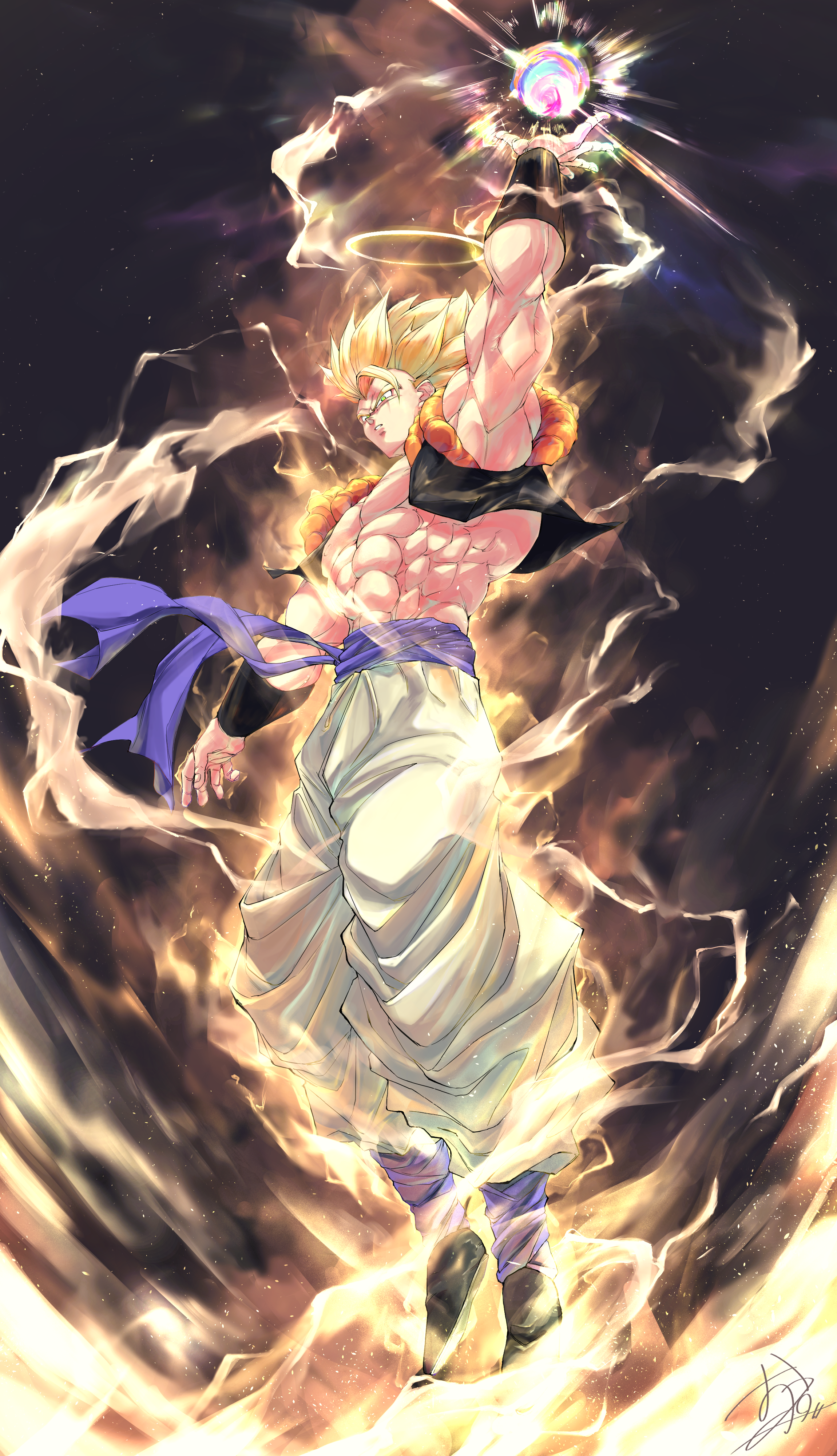 ota ta999, gogeta, dragon ball, dragonball z, absurdres, commentary, english commentary, highres, 1boy, abs, arm up, aura, bare shoulders, black background, black vest, blonde hair, blue sash, border, cropped vest, energy ball, full body, halo, male focus, medium hair, metamoran vest, muscular, muscular male, open clothes, open vest, pants, sash, signature, solo, spiked hair, super saiyan, super saiyan 1, vest, white border, white pants, yellow halo