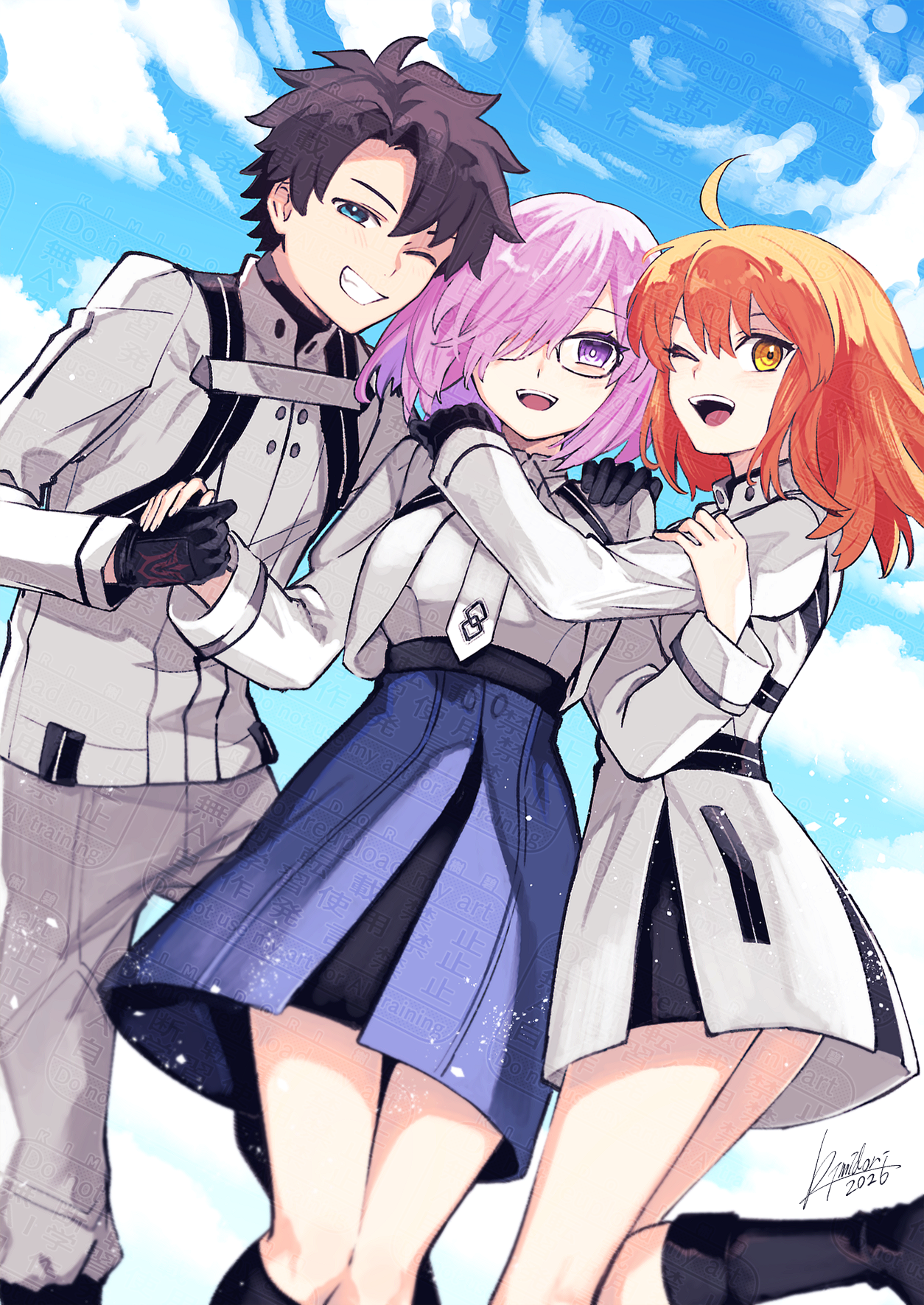 kimidorix32, fujimaru ritsuka (female), fujimaru ritsuka (female) (decisive battle chaldea uniform), fujimaru ritsuka (male), mash kyrielight, fate/grand order, fate (series), commentary request, highres, 1boy, 2girls, ahoge, black gloves, black hair, black shorts, blue eyes, blue skirt, blue sky, blush, boots, breasts, cropped jacket, glasses, gloves, grey pants, grin, hair over one eye, high-waist skirt, jacket, knee boots, large breasts, long sleeves, looking at viewer, mash kyrielight (chaldea uniform), medium breasts, multiple girls, necktie, one eye closed, open mouth, orange eyes, orange hair, pants, pink hair, purple eyes, shirt, short hair, shorts, skirt, sky, smile, thighs, white jacket, white shirt