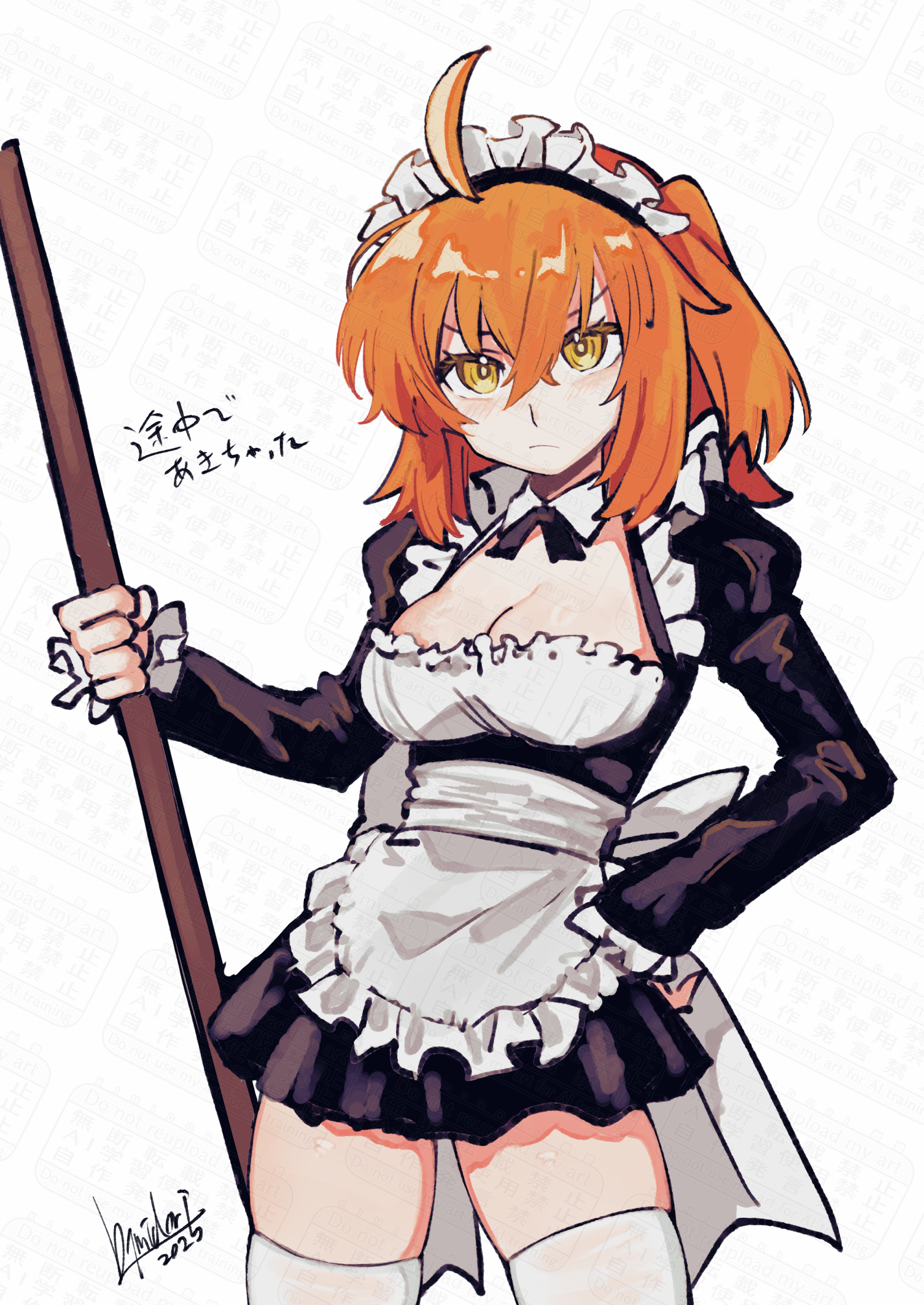 kimidorix32, fujimaru ritsuka (female), fate/grand order, fate (series), commentary request, highres, translation request, 1girl, ahoge, apron, black dress, blush, breasts, broom, cleavage, dress, juliet sleeves, long sleeves, looking at viewer, maid headdress, medium breasts, one side up, orange eyes, orange hair, puffy sleeves, short hair, solo, thighhighs, thighs, waist apron, watermark, white apron, white thighhighs