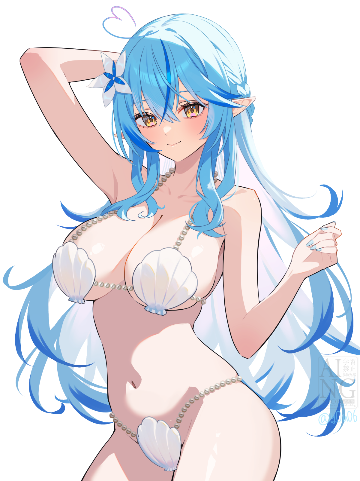 you06, yukihana lamy, hololive, commentary request, highres, 1girl, ahoge, arm up, bikini, blue hair, blush, breasts, cleavage, collarbone, cowboy shot, elf, flower, hair flower, hair ornament, heart, heart ahoge, large breasts, long hair, navel, pointy ears, shell, shell bikini, simple background, solo, stomach, swimsuit, very long hair, virtual youtuber, white background, white bikini, yellow eyes