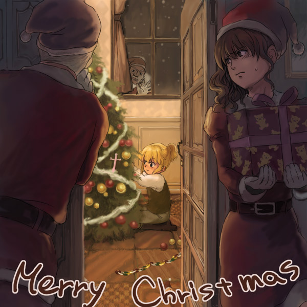 furutachirikonbu, ushiromiya jessica, ushiromiya kinzou, ushiromiya krauss, ushiromiya natsuhi, umineko no naku koro ni, 00s, 2boys, 2girls, blonde hair, brown hair, christmas, gift, multiple boys, multiple girls, ponytail, santa costume
