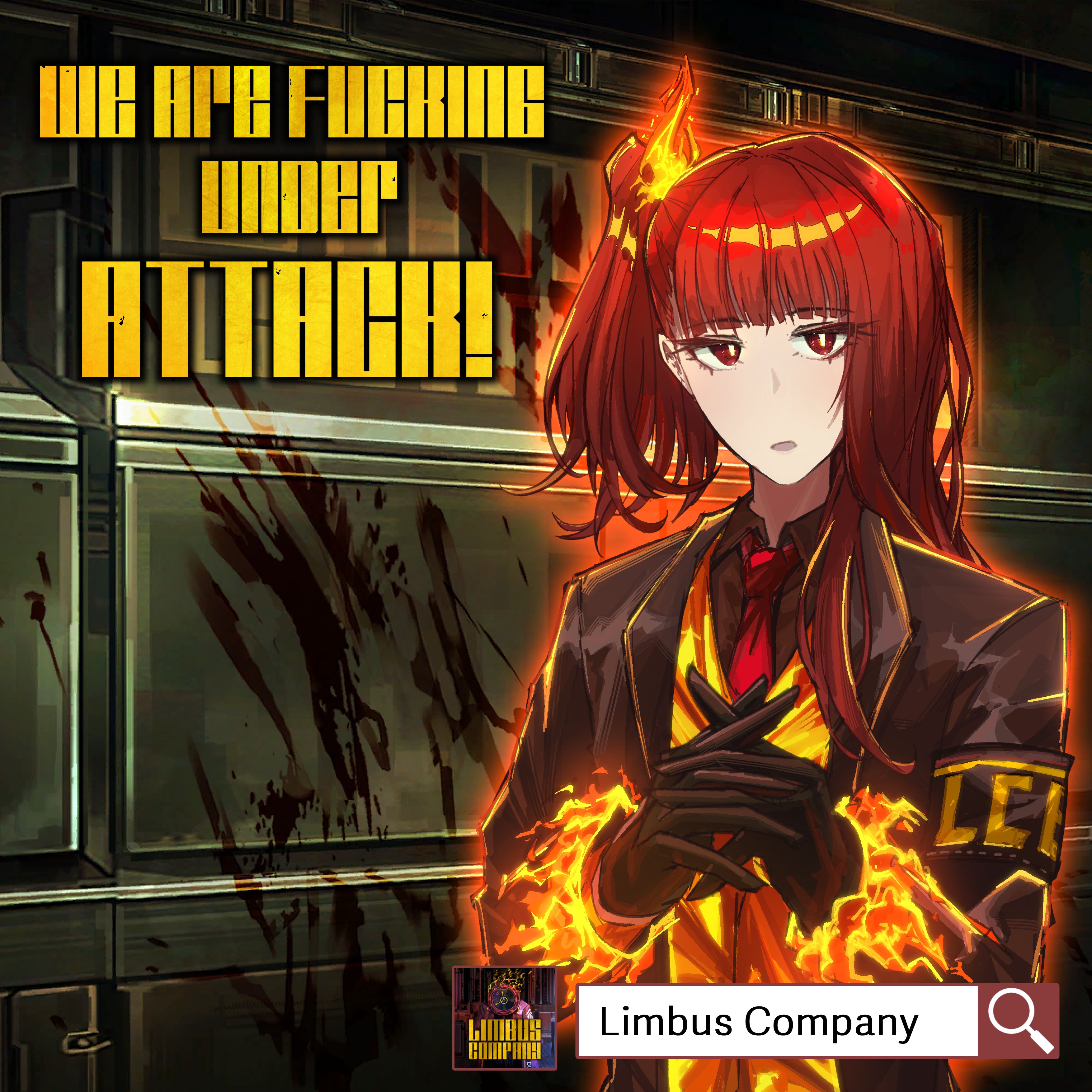 frostfiresoul, alyssa (project moon), limbus company, project moon, absurdres, commentary, english commentary, highres, spoilers, 1girl, ardor blossom star (e.g.o), black gloves, black shirt, collared shirt, copyright name, e.g.o (project moon), fiery clothing, gloves, hands up, looking at viewer, meme, necktie, one side up, orange vest, red eyes, red hair, red necktie, shirt, solo, upper body, vest, we are fucking under attack (meme)