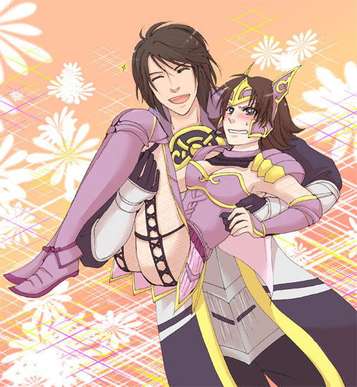 go onji, tachibana ginchiyo (sengoku musou), tachibana muneshige (sengoku musou), sengoku musou, sengoku musou 3, 1boy, 1girl, angry, armor, blush, brown eyes, brown hair, carrying, closed eyes, couple, crown, happy, open mouth, short hair