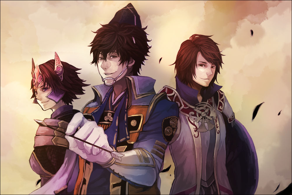 watson tetuo, mori motonari (sengoku musou), tachibana ginchiyo (sengoku musou), tachibana muneshige (sengoku musou), sengoku musou, sengoku musou 3, tagme, 1girl, 2boys, armor, arrow (projectile), brown eyes, brown hair, crown, grey eyes, hat, looking back, multiple boys, purple eyes, robe, shield, short hair, smile