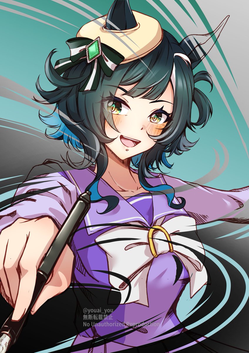 kiseki (umamusume), umamusume, commentary request, highres, 1girl, animal ears, blush, bow, bowtie, breasts, collarbone, ears through headwear, green eyes, green hair, hair between eyes, holding, holding pen, horse ears, horse girl, long sleeves, looking at viewer, multicolored hair, open mouth, pen, purple sailor collar, purple serafuku, purple shirt, purple skirt, sailor collar, sailor shirt, school uniform, serafuku, shirt, short hair, skirt, smile, solo, streaked hair, tracen school uniform, white bow, white bowtie, white streaks, yellow beret, youai you