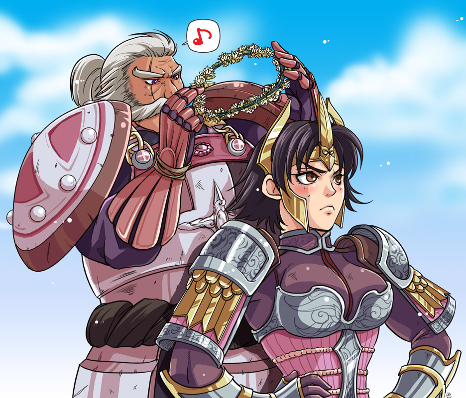 a.k-show, shimazu yoshihiro (sengoku musou), tachibana ginchiyo (sengoku musou), sengoku musou, sengoku musou 2, 1boy, 1girl, armor, black hair, blush, brown eyes, couple, crown, facial hair, grey hair, hands on own hips, long hair, ponytail, purple eyes, scar, short hair, wreath