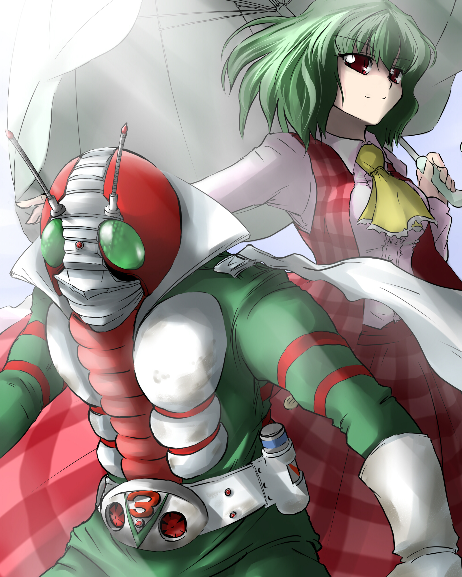 kazami shirou (kaizou-zumi), kamen rider v3, kazami yuuka, kamen rider, kamen rider v3 (series), touhou, highres, 1boy, 1girl, antennae, ascot, belt, crossover, double typhoon (v3), green hair, light rays, name connection, parasol, plaid clothes, plaid skirt, plaid vest, red eyes, rider belt, scarf, short hair, skirt, skirt set, sunbeam, sunlight, umbrella, vest
