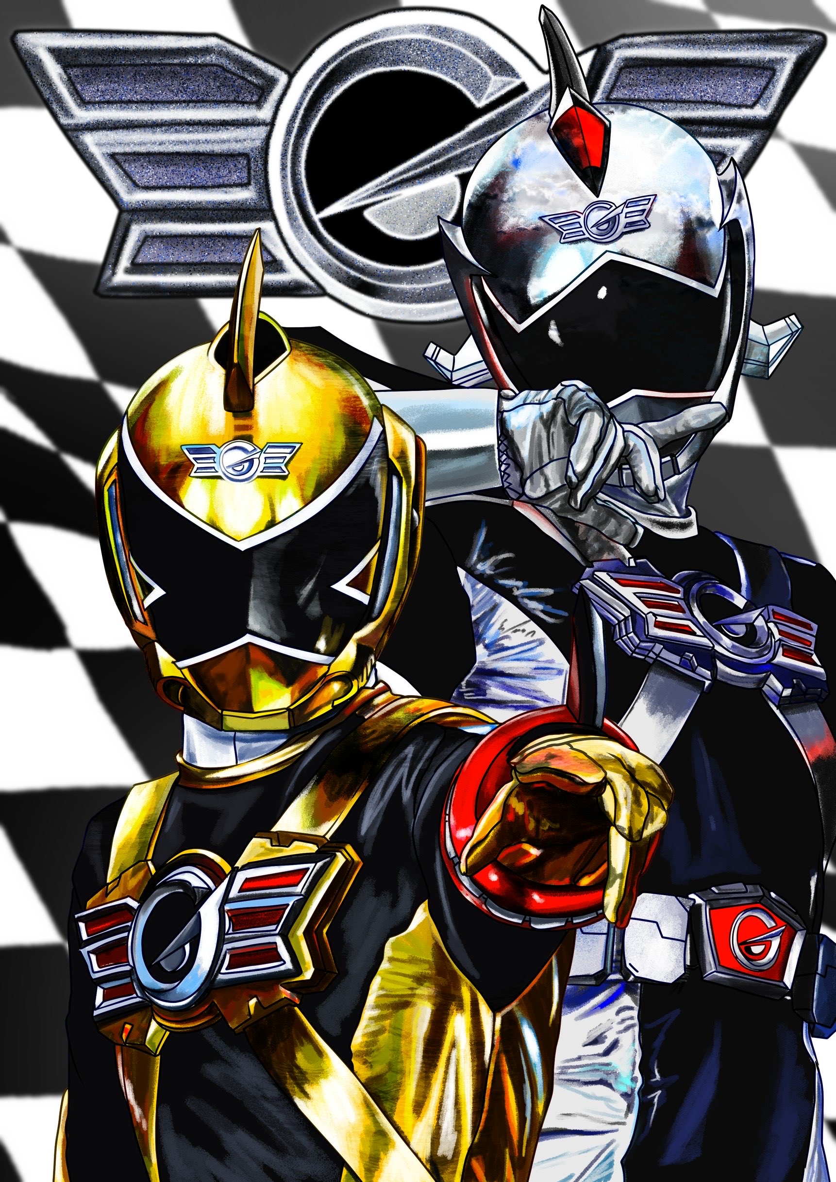 4ze meteor, go-on gold, go-on silver, engine sentai go-onger, super sentai, tokusatsu, absurdres, commentary request, highres, 1boy, 1girl, belt, black bodysuit, bodysuit, brother and sister, cowboy shot, gold helmet, grey helmet, helmet, looking at viewer, pointing, pointing at viewer, race flag, siblings, upper body