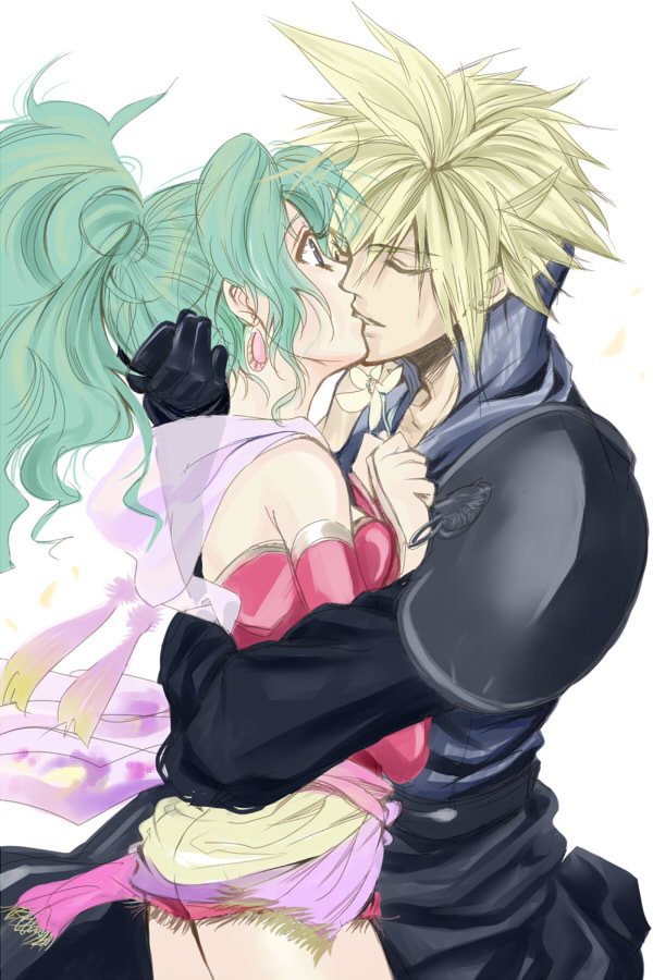 asu (asoras), cloud strife, tina branford, dissidia final fantasy, final fantasy, final fantasy vi, final fantasy vii, bad id, bad pixiv id, 1990s (style), 1boy, 1girl, alternate color, alternate costume, couple, hetero, kiss