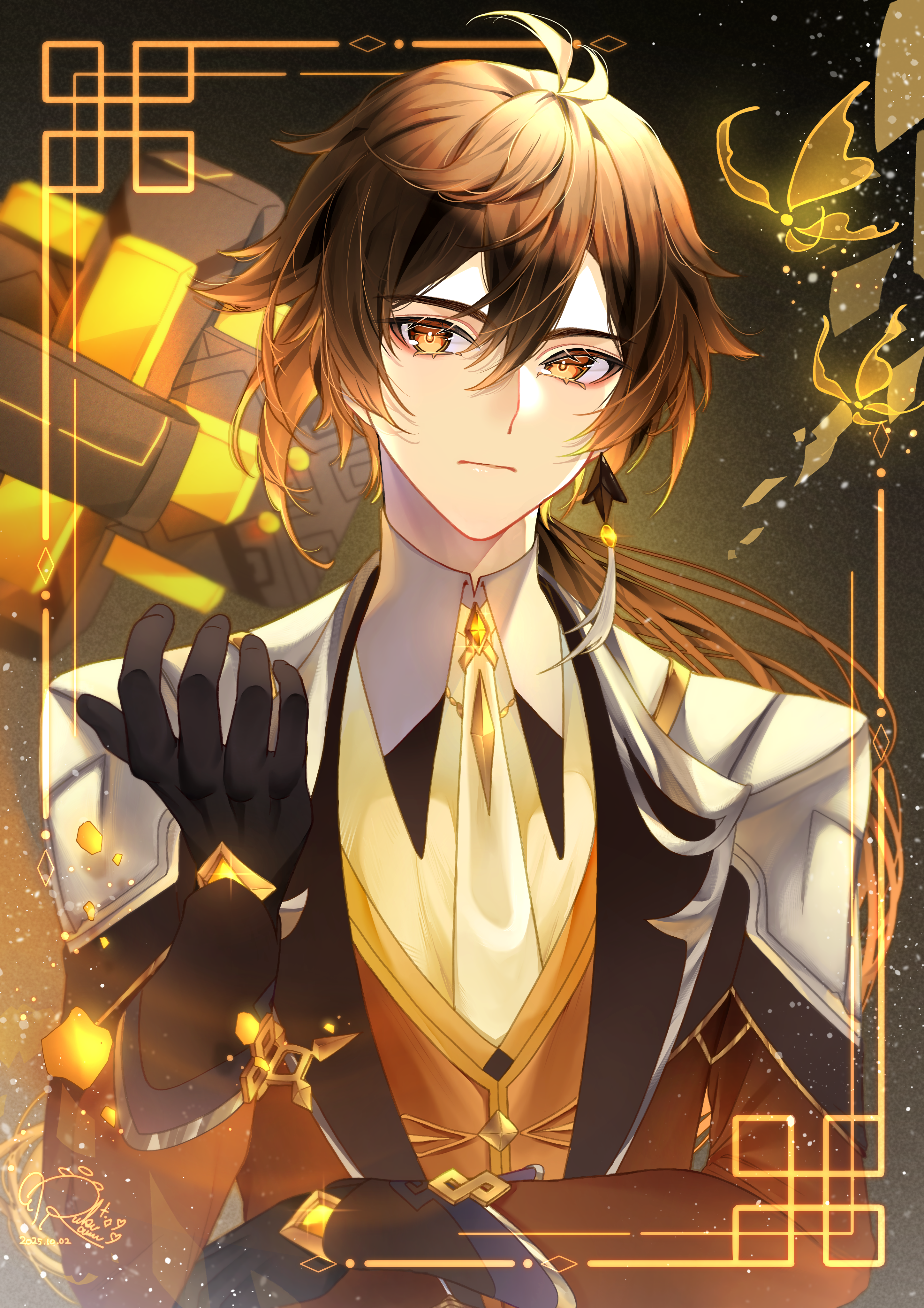 shell new ekaki, zhongli (genshin impact), genshin impact, absurdres, commentary request, highres, 1boy, antenna hair, black gloves, brown eyes, brown hair, brown jacket, brown vest, closed mouth, collared shirt, dated, earrings, gloves, gradient hair, hair between eyes, hand up, jacket, jewelry, lapels, long hair, long sleeves, male focus, multicolored hair, necktie, shirt, signature, single earring, solo, tassel, tassel earrings, upper body, vest, white necktie, white shirt