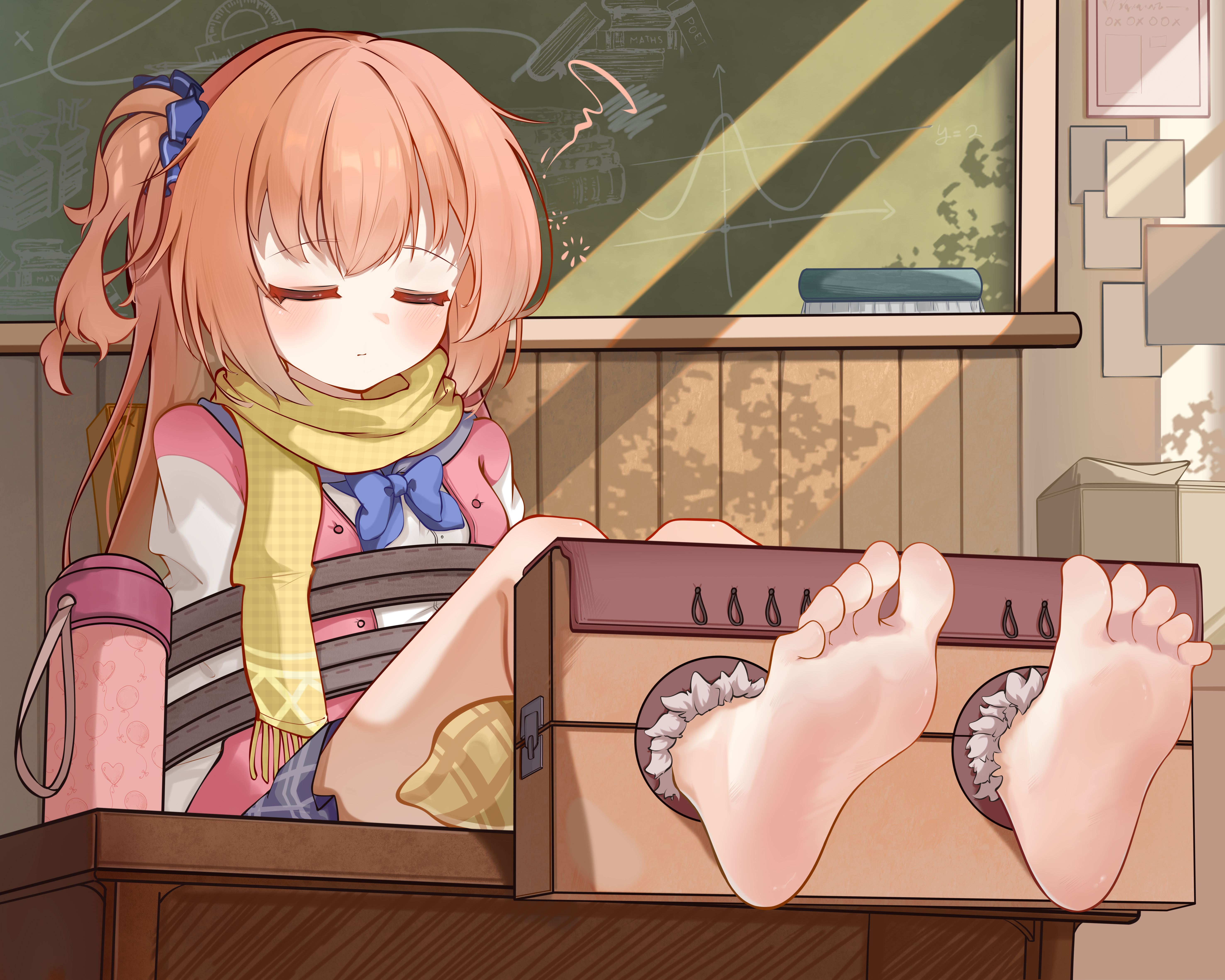 inaba meguru, sanoba witch, absurdres, chinese commentary, commentary request, highres, large variant set, variant set, 1girl, banbanban li, barefoot, black scrunchie, blue bow, blue bowtie, blush, bound ankles, bow, bowtie, classroom, closed eyes, closed mouth, day, facing viewer, feet, foot focus, full body, grey skirt, hair between eyes, hair ornament, hair scrunchie, indoors, jacket, knees up, long hair, miniskirt, one side up, orange hair, pink jacket, plaid clothes, plaid scarf, plaid skirt, pleated skirt, restrained, scarf, school uniform, scrunchie, sidelighting, sidelocks, sitting, skirt, sleeping, soles, solo, squeans, toes, white sleeves, window shadow, yellow scarf