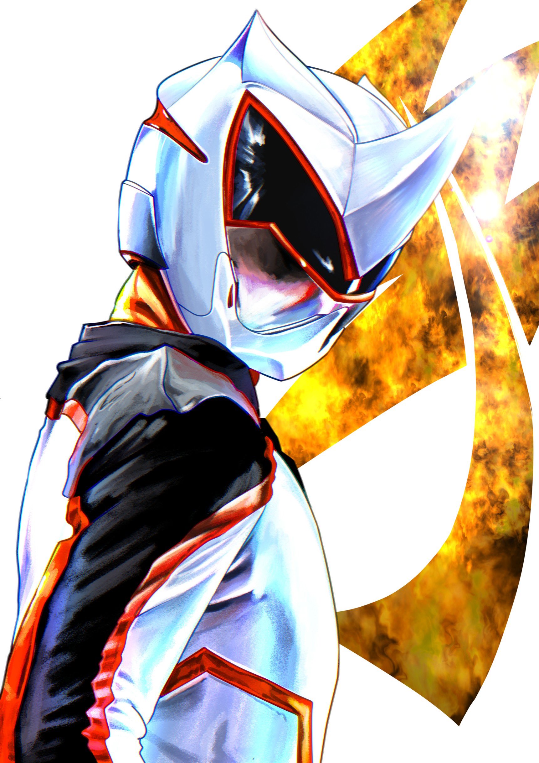 4ze meteor, juuken sentai gekiranger, super sentai, tokusatsu, absurdres, commentary request, highres, 1boy, bodysuit, geki chopper, helmet, horns, male focus, single horn, solo, white background, white bodysuit, white helmet