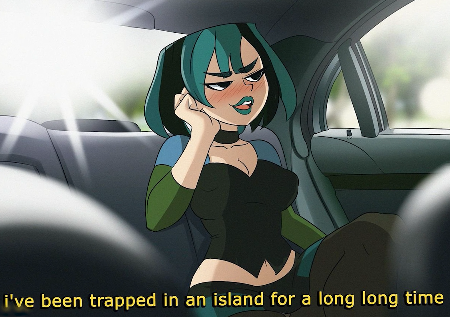 the accel, gwen (total drama), horny girl, total drama, 1girl, black eyes, black hair, black pantyhose, black shirt, black skirt, blue hair, blue lips, blush, breasts, car interior, choker, cleavage, collarbone, covered erect nipples, goth fashion, green hair, head rest, large breasts, light rays, lipstick, long sleeves, makeup, midriff, multicolored hair, navel, open mouth, pantyhose, shirt, short hair, skirt, smile, streaked hair, subtitled, sunbeam, sunlight, taxi, teeth, tree