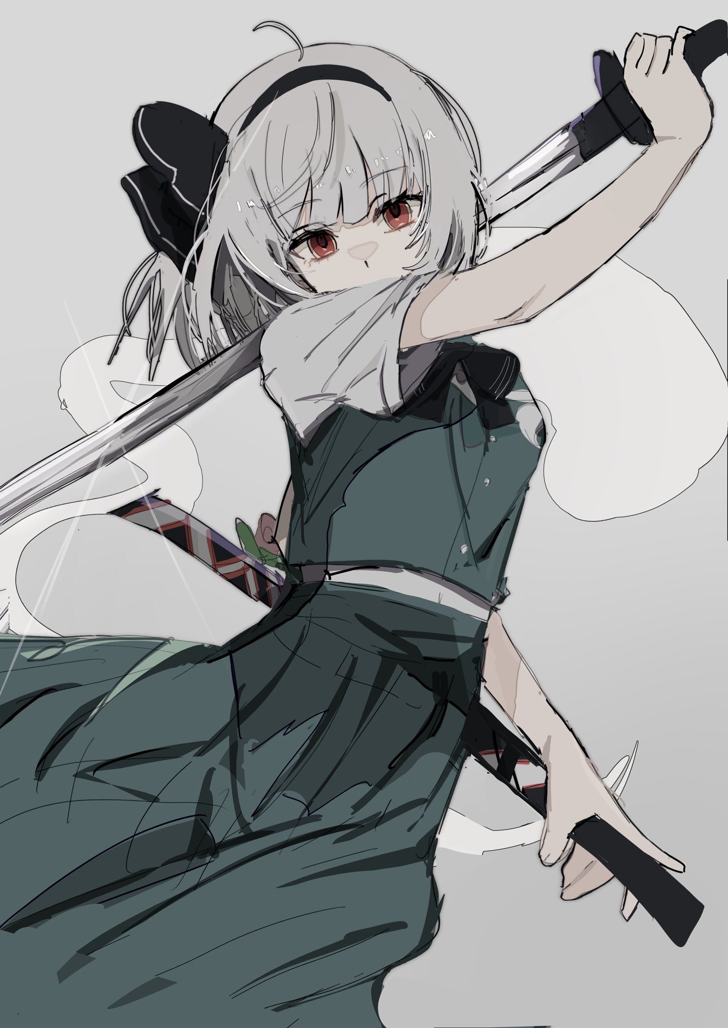 ebuna, konpaku youmu, konpaku youmu (ghost), touhou, highres, 1girl, black bow, black bowtie, black hairband, bow, bowtie, green skirt, green vest, grey background, grey hair, hairband, hitodama, hitodama print, holding, holding sheath, holding sword, holding weapon, katana, looking at viewer, red eyes, sheath, shirt, short sleeves, simple background, skirt, skirt set, solo, sword, unsheathed, vest, weapon, white shirt