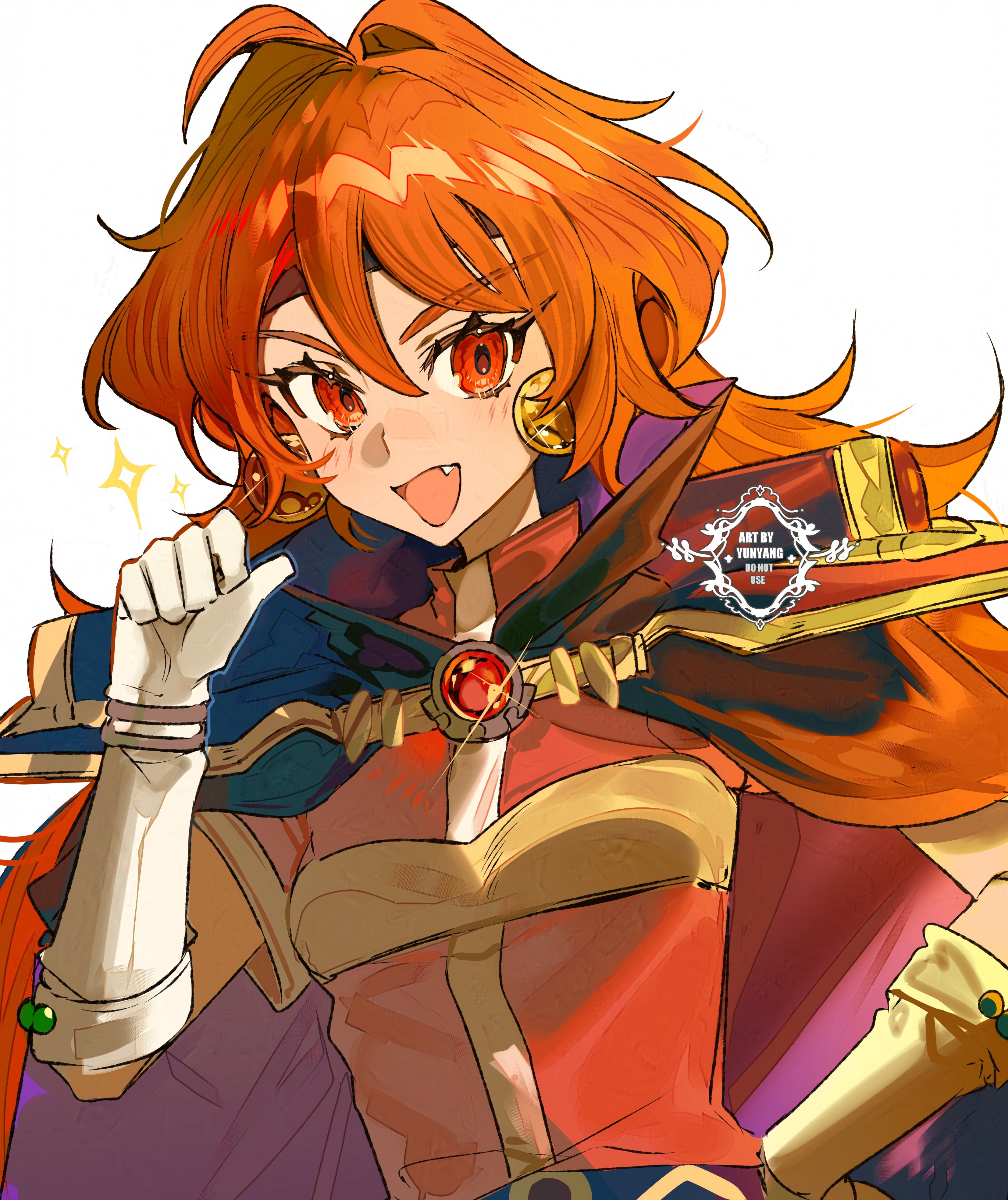 yun-yang, lina inverse, slayers, absurdres, commentary, english commentary, highres, 1girl, black cape, brown eyes, brown hair, cape, dress, fang, pointing with thumb, red dress, simple background, smile, solo, sparkle, upper body, watermark, white background