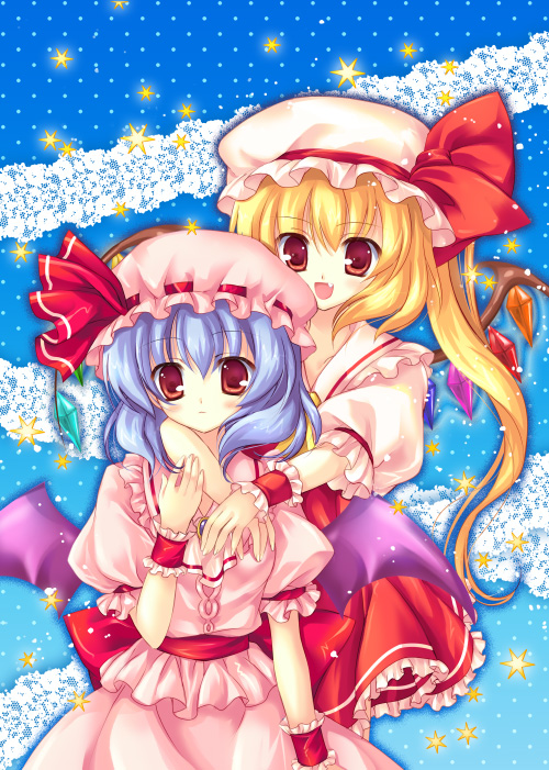 fukase ayaka, fukaseayaka, flandre scarlet, remilia scarlet, touhou, bad id, bad pixiv id, 2girls, bat wings, blonde hair, blouse, blue background, blue hair, female focus, gradient background, hat, mob cap, multiple girls, outline, pink shirt, red eyes, shirt, short hair, siblings, side ponytail, sisters, white shirt, wings