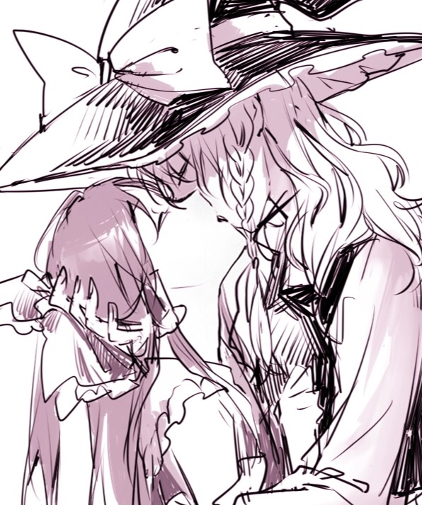 aihara-rina, hakurei reimu, kirisame marisa, touhou, chinese commentary, commentary request, 2girls, bow, braid, closed eyes, detached sleeves, frilled bow, frilled hair tubes, frills, hair bow, hair tubes, hat, hat bow, kiss, long hair, monochrome, multiple girls, side braid, single braid, sketch, witch hat, yuri
