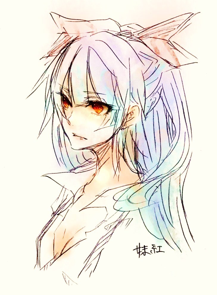 midushiro, fujiwara no mokou, touhou, 1girl, breasts, cleavage, female focus, glowing, glowing eyes, hair ribbon, kasuya, lips, long hair, multicolored hair, open clothes, open shirt, orange eyes, portrait, ribbon, shirt, simple background, solo, upper body, white hair, white shirt