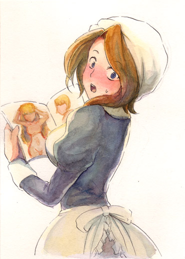 furutachirikonbu, shannon (umineko), umineko no naku koro ni, eyebrows, 00s, 1girl, blonde hair, blush, breasts, brown hair, caught, female focus, looking at viewer, looking back, magazine (object), maid, open mouth, pornography, sideboob, simple background, solo, teeth, yuri