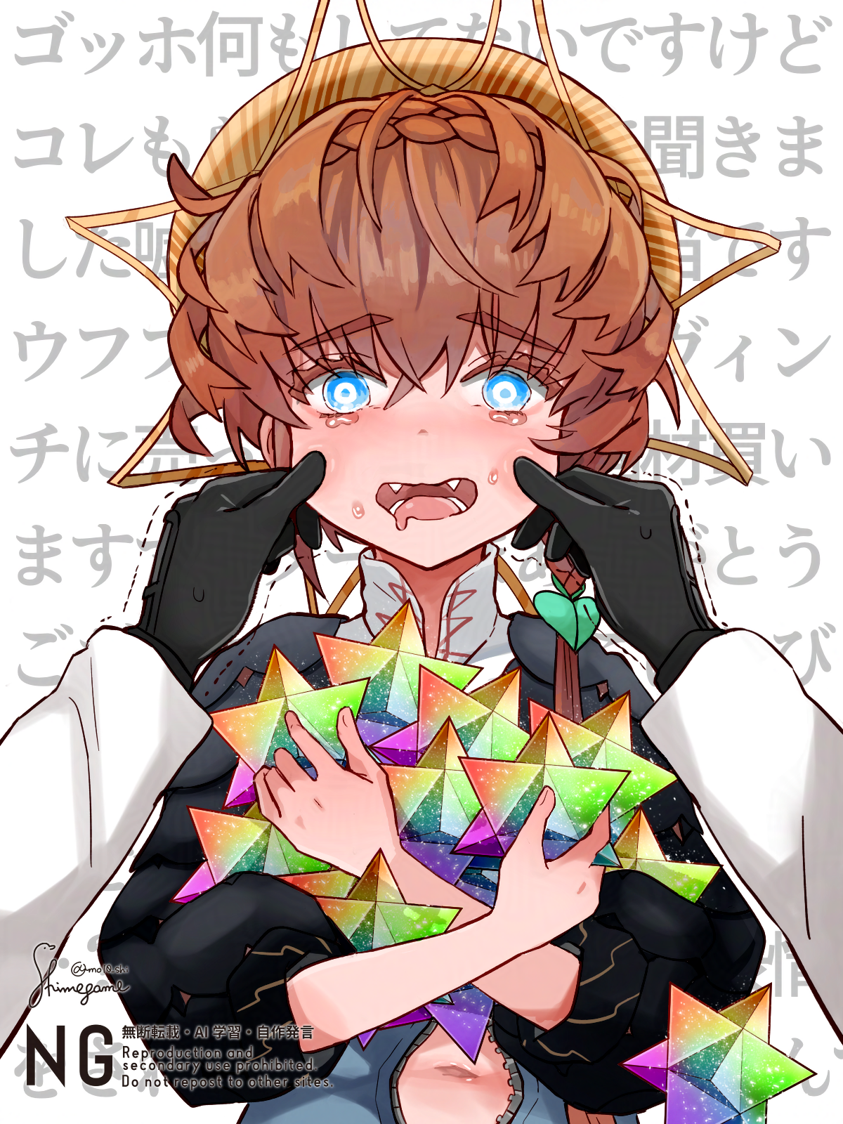 shimogamo (shimomo 12), van gogh (fate), van gogh (first ascension) (fate), fate/grand order, fate (series), commentary request, highres, translation request, 1girl, :d, black shirt, blue eyes, brown hair, drooling, fangs, hair between eyes, hat, long hair, long sleeves, looking at viewer, mouth drool, navel, open mouth, pov, pov hands, shirt, signature, smile, solo focus, striped hat, tears, text background, tongue, trembling, twitter username, upper body, watermark, yellow hat