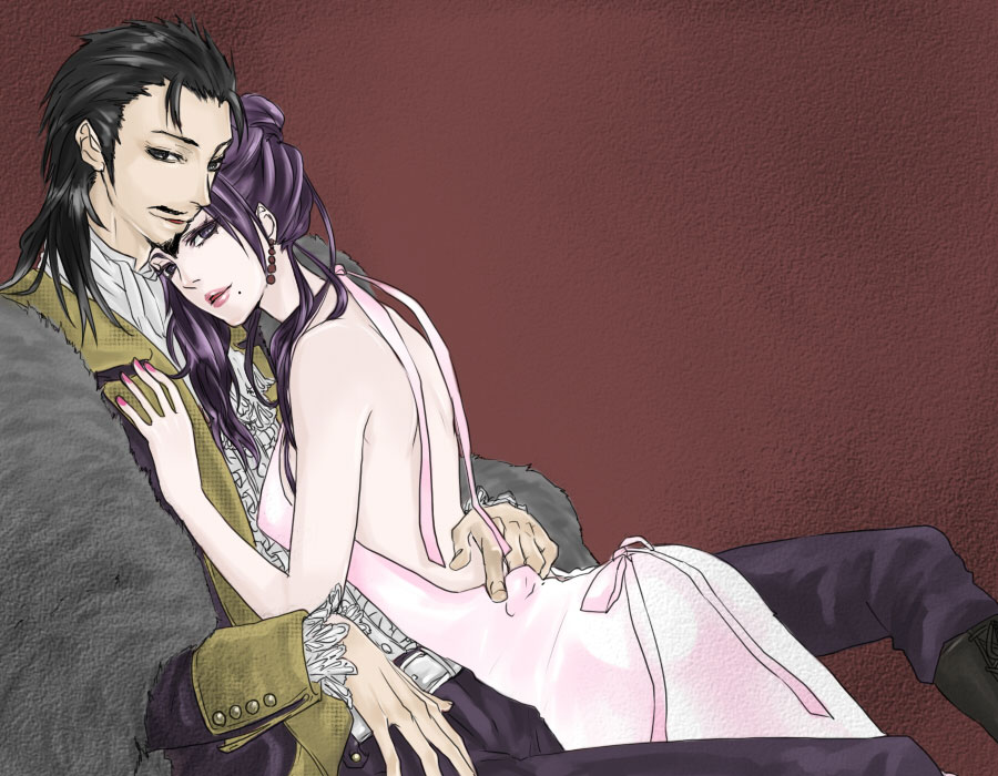 ryo (pixiv966497), no (sengoku musou), oda nobunaga (sengoku musou), sengoku musou, sengoku musou 3, 1boy, 1girl, apron, bare shoulders, black eyes, black hair, couple, earrings, facial hair, husband and wife, jewelry, long hair, lying, mole, mustache, nail polish, purple eyes, purple hair