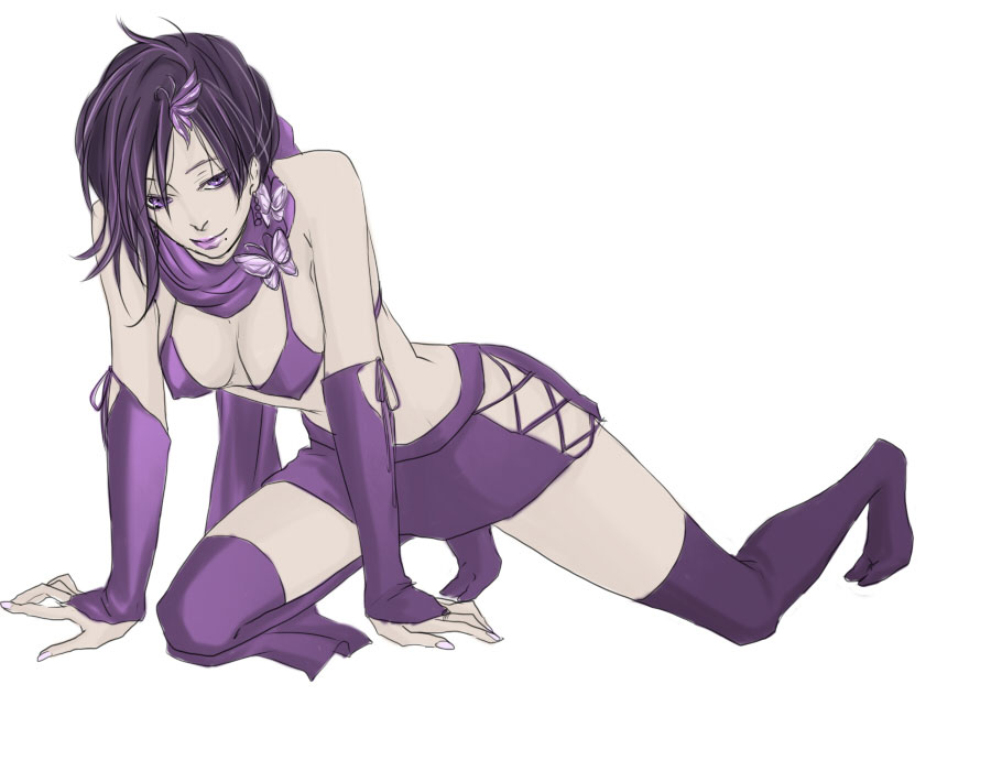 ryo (pixiv966497), no (sengoku musou), sengoku musou, sengoku musou 3, 1girl, bikini, bikini top only, breasts, bridal gauntlets, cleavage, covered erect nipples, female focus, full body, hair ornament, long hair, miniskirt, mole, purple eyes, purple hair, purple lips, scarf, simple background, skirt, solo, swimsuit, thighhighs, white background