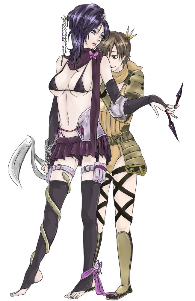 ryo (pixiv966497), nene (sengoku musou), no (sengoku musou), sengoku musou, sengoku musou 3, 2girls, armor, bare shoulders, bikini, bikini top only, breasts, bridal gauntlets, brown eyes, brown hair, chain, female focus, hair ornament, kunai, long hair, microskirt, midriff, multiple girls, navel, purple eyes, purple hair, scarf, short hair, skirt, swimsuit, thighhighs, weapon, yuri