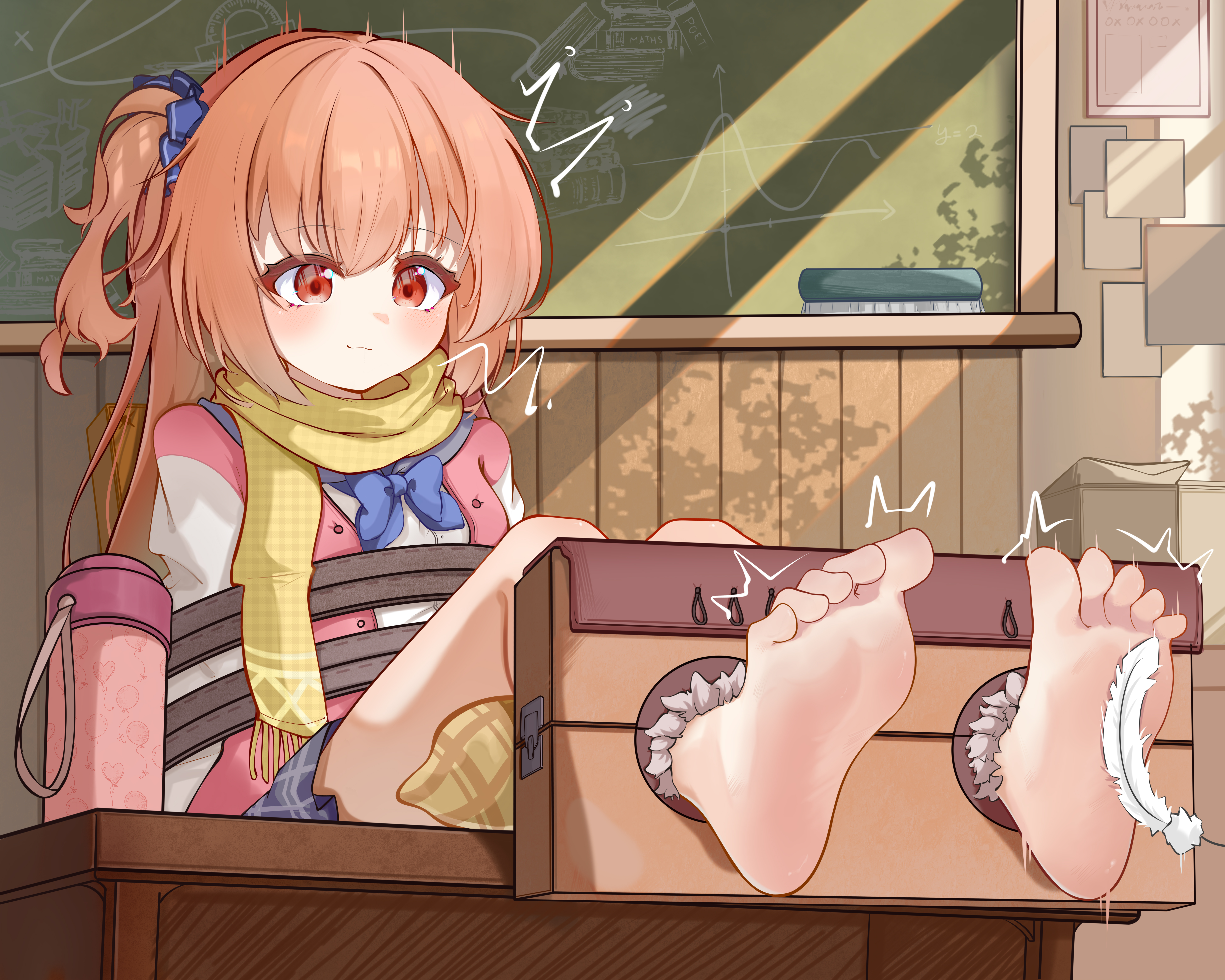 inaba meguru, sanoba witch, absurdres, chinese commentary, commentary request, highres, large variant set, variant set, 1girl, :3, ^^^, banbanban li, barefoot, blue bow, blue bowtie, blue scrunchie, blush, bound ankles, bow, bowtie, classroom, closed mouth, day, feathers, feet, foot focus, full body, grey skirt, hair between eyes, hair ornament, hair scrunchie, indoors, jacket, knees up, long hair, looking ahead, miniskirt, one side up, orange hair, pink jacket, plaid clothes, plaid scarf, plaid skirt, pleated skirt, red eyes, restrained, scarf, school uniform, scrunchie, sidelighting, sidelocks, sitting, skirt, smile, soles, solo, squiggle, tickling, tickling feet, toe scrunch, toes, twitching, white sleeves, window shadow, yellow scarf