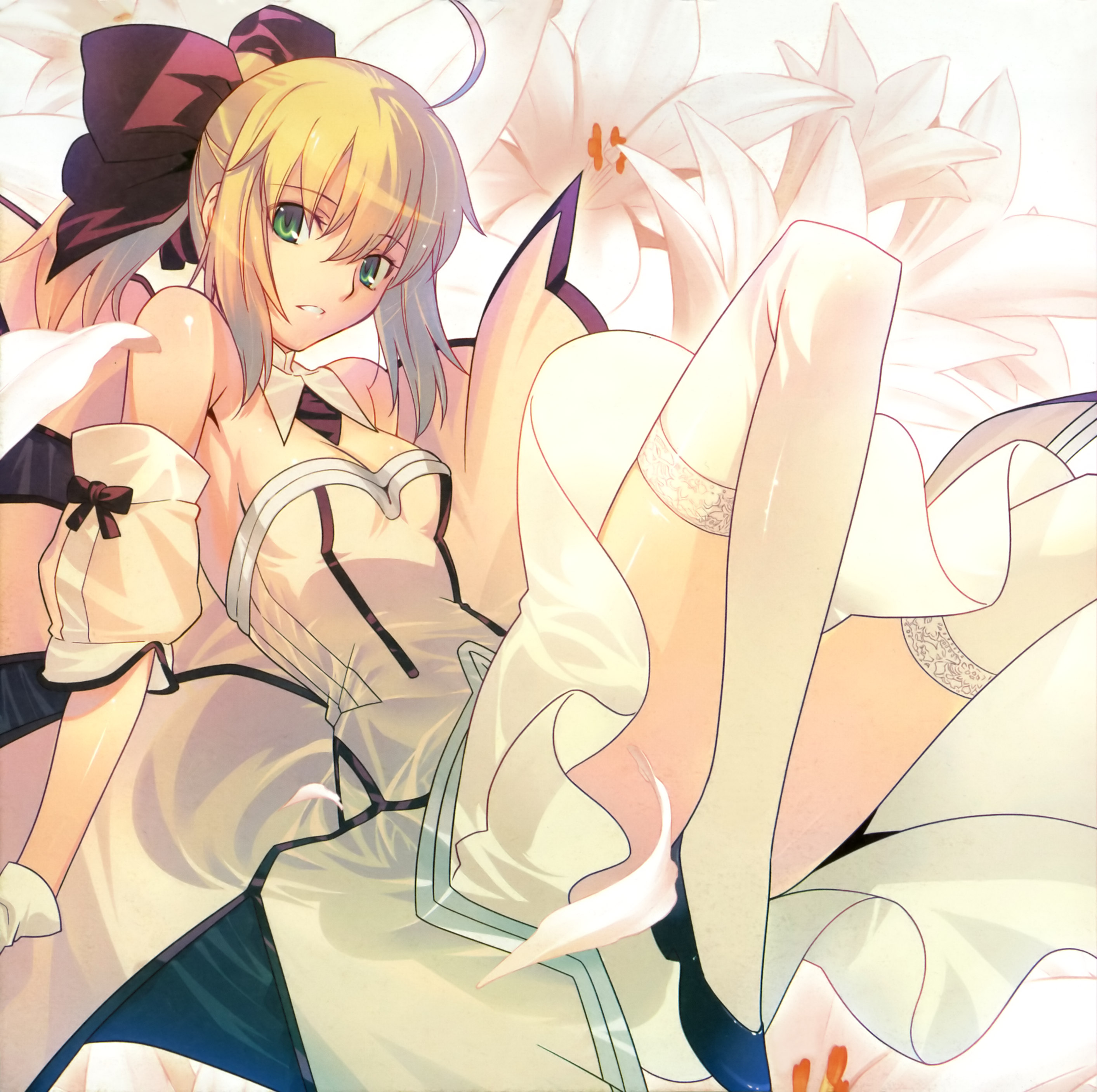 takeuchi takashi, artoria pendragon (fate), saber (fate), saber lily, capcom, fate/stay night, fate/unlimited codes, fate (series), absurdres, highres, non-web source, 00s, 1girl, ahoge, bare shoulders, blonde hair, bow, breasts, cleavage, detached sleeves, female focus, flower, gloves, green eyes, hair bow, hair ribbon, lily (flower), looking at viewer, parted lips, petals, ponytail, ribbon, solo, thighhighs, thighs, white thighhighs, wing collar