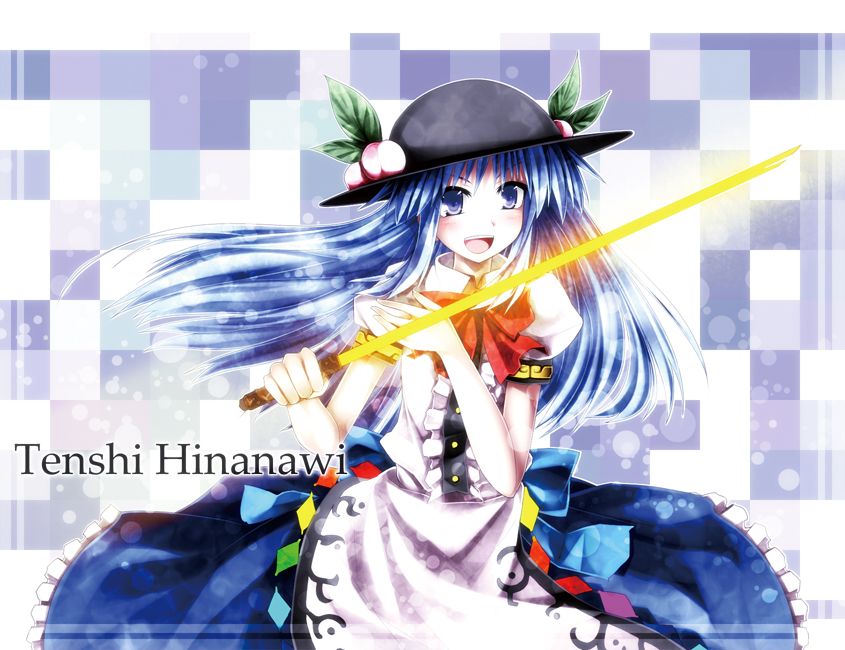 kazetto, hinanawi tenshi, touhou, 1girl, blue eyes, blue hair, female focus, food, fruit, hat, long hair, matching hair/eyes, peach, solo, sword, sword of hisou, weapon
