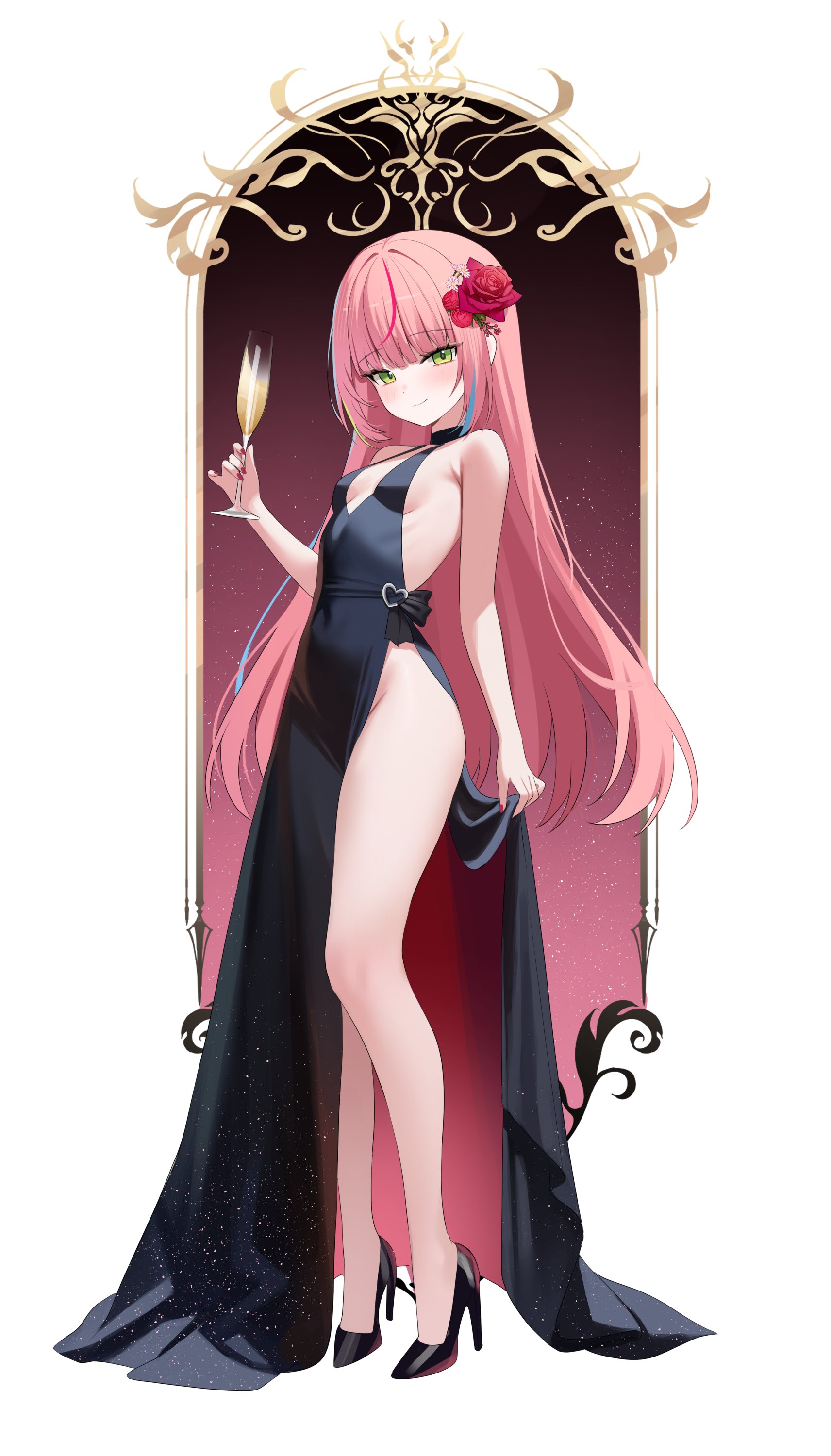 nannung, hanako nana, stellive, absurdres, commentary request, highres, korean commentary, 1girl, bare shoulders, black dress, black shoes, blue hair, breasts, closed mouth, cup, dress, full body, glass, green eyes, green hair, high heels, holding, holding cup, long hair, looking at viewer, multicolored hair, no panties, pink hair, shoes, simple background, small breasts, smile, solo, standing, streaked hair, virtual youtuber, white background