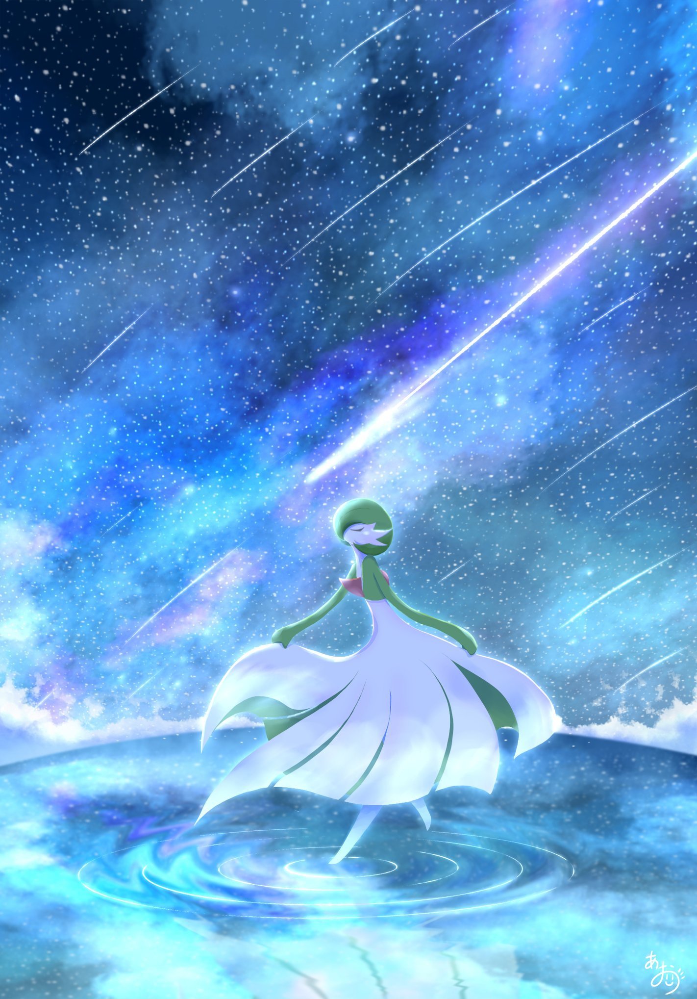 natu a0z0ra, gardevoir, nintendo, pokemon, commentary request, highres, 1other, closed mouth, colored skin, gen 3 pokemon, green hair, green skin, pokemon (creature), pokemon focus, reflection, reflective liquid, shooting star, sky, solo, star (symbol), water, white skin