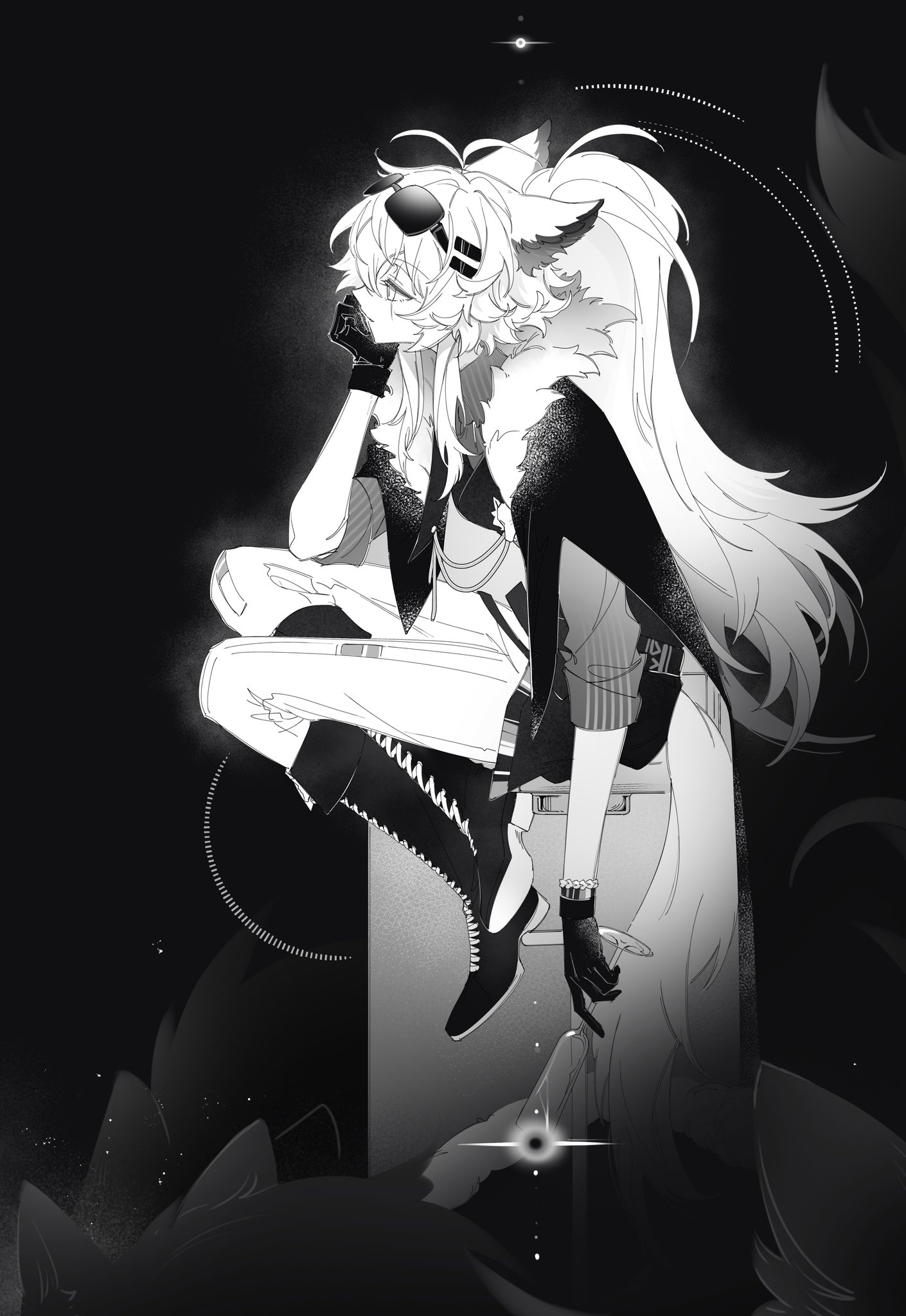 kaleka, lappland (arknights), lappland the decadenza (arknights), lappland the decadenza (unruly humbleness) (arknights), arknights, chinese commentary, commentary request, highres, 1girl, animal ears, antenna hair, black background, boots, cape, closed mouth, cup, eyewear on head, full body, fur-trimmed cape, fur trim, gloves, greyscale, hair ornament, hairclip, head rest, holding, holding cup, knee boots, long hair, looking to the side, monochrome, pants, parallel hairclips, scar, scar across eye, scar on face, shirt, simple background, sitting, solo, wolf ears, wolf girl