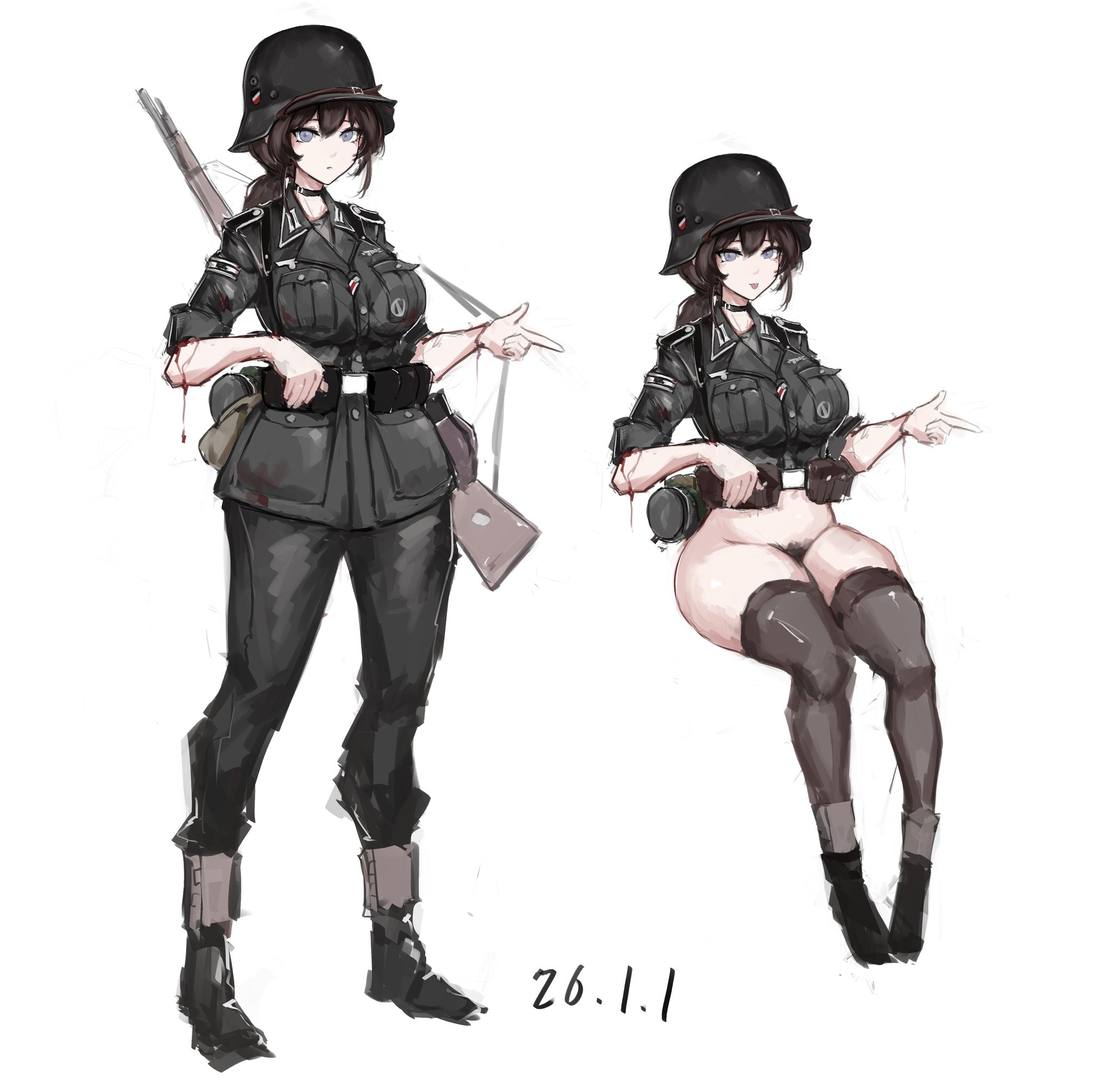 original, hashtag-only commentary, highres, 1girl, black boots, black hair, boots, braid, breasts, burety75200, closed mouth, epaulettes, full body, grey eyes, grey jacket, grey pants, grey socks, gun, helmet, holding, holding gun, holding weapon, jacket, kneehighs, large breasts, medium hair, military jacket, military uniform, no panties, no pants, pants, ponytail, pubic hair, seiza, simple background, sitting, smile, socks, solo, weapon, wehrmacht, white background, world war ii