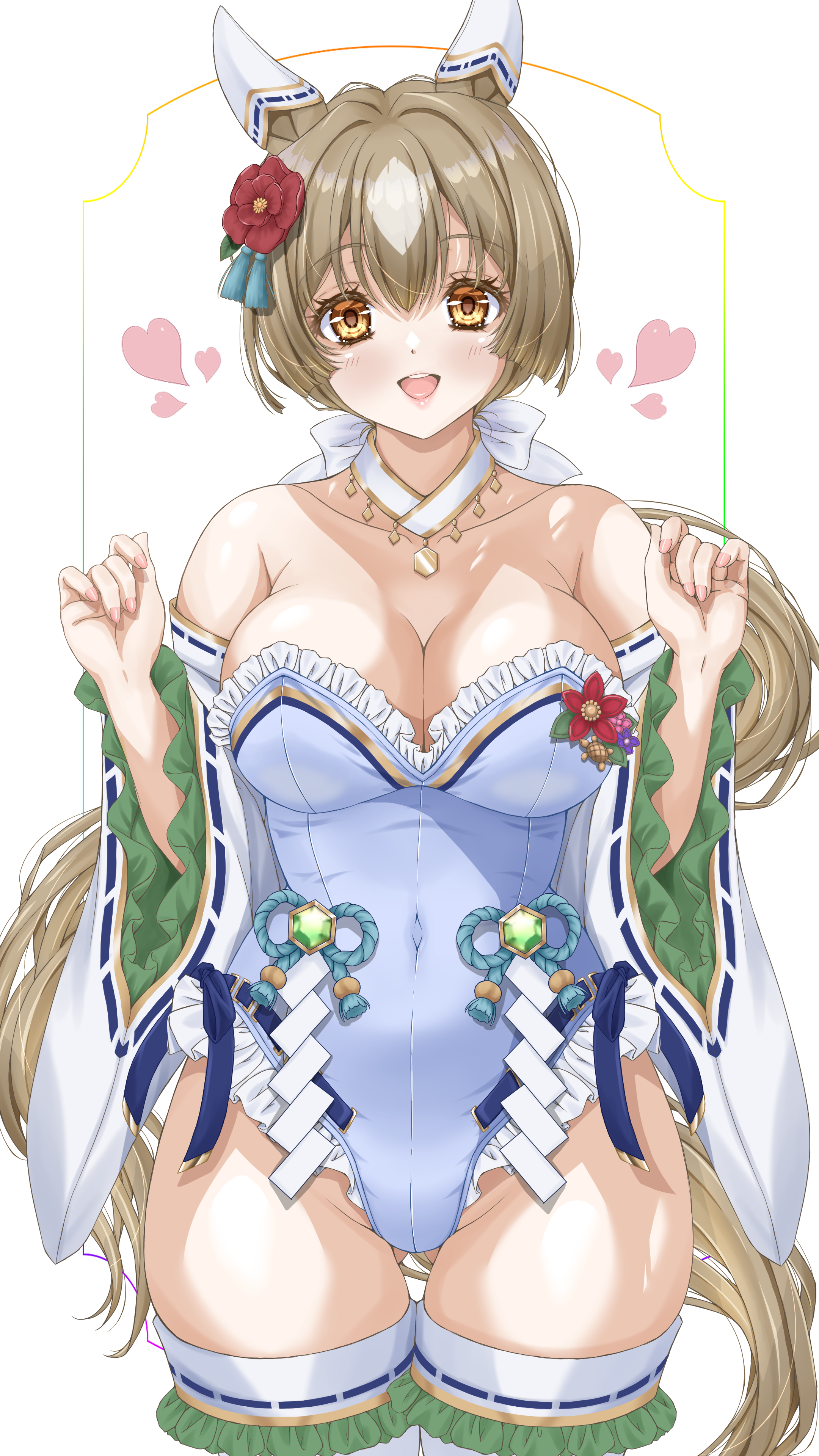 akiha (akiha ttt), satono diamond (floral star prosperous green) (umamusume), satono diamond (umamusume), umamusume, absurdres, commentary request, highres, 1girl, animal ears, bare shoulders, breasts, brown hair, choker, cleavage, covered navel, ear covers, gluteal fold, heart, horse ears, horse girl, horse tail, large breasts, leotard, long hair, looking at viewer, official alternate costume, open mouth, ponytail, smile, solo, standing, tail, thick thighs, thigh gap, thighhighs, thighs, white choker, white leotard, yellow eyes