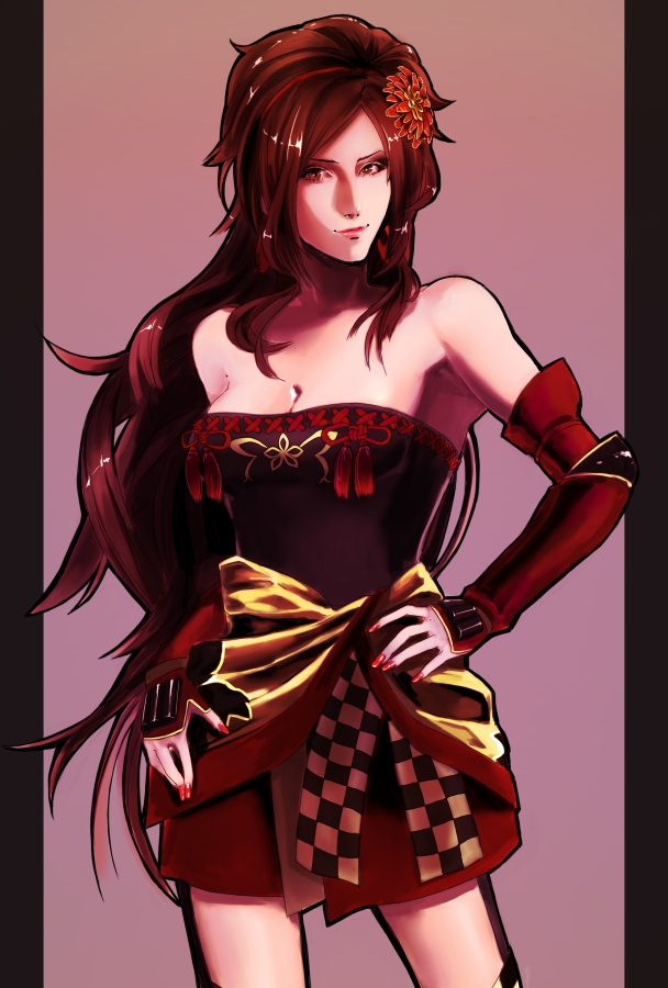 gyuukon, kai (sengoku musou), sengoku musou, sengoku musou 3, 1girl, bare shoulders, breasts, brown eyes, brown hair, cleavage, detached sleeves, female focus, hairband, hands on own hips, long hair, nail polish, solo