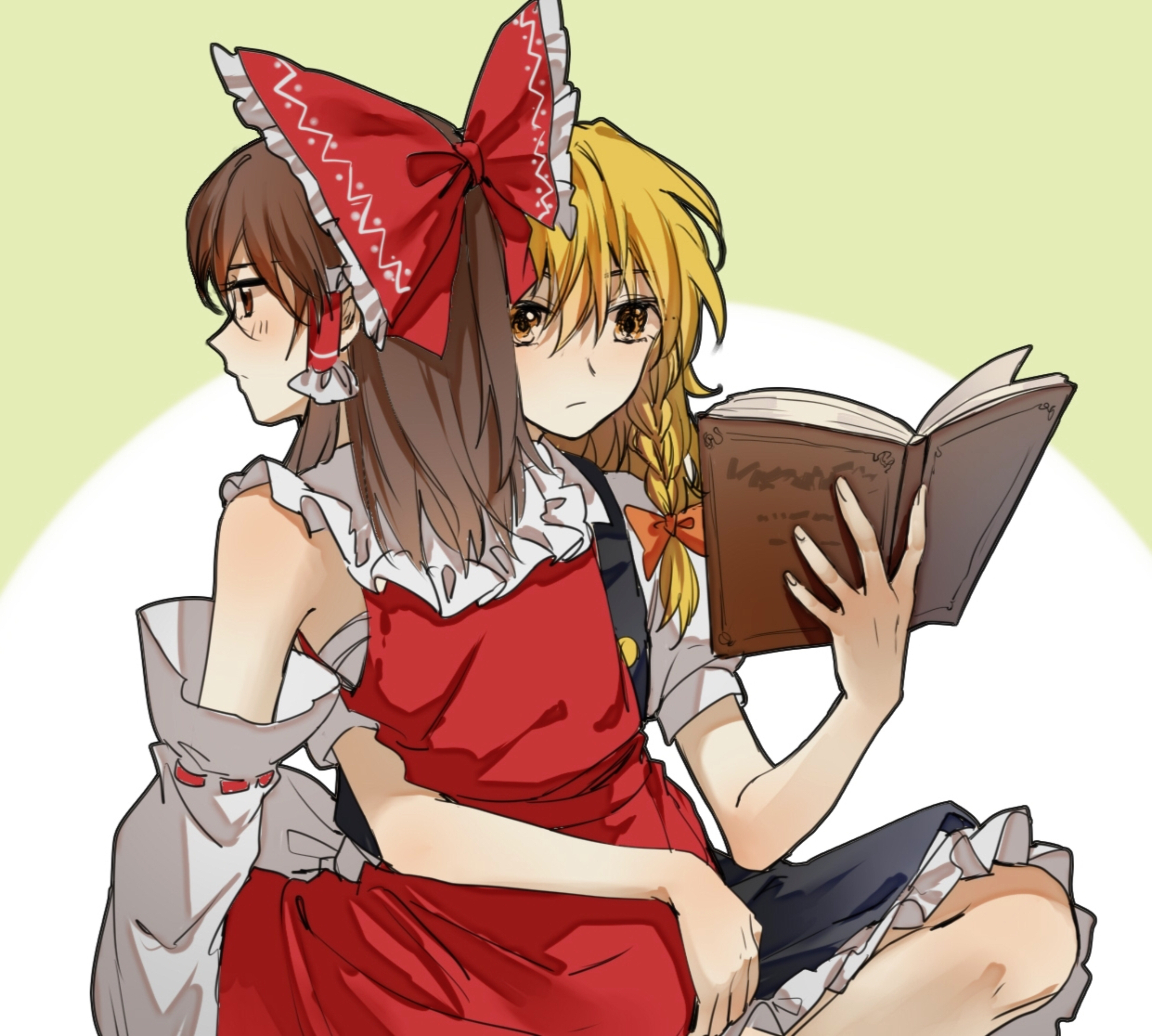 aihara-rina, hakurei reimu, kirisame marisa, touhou, absurdres, chinese commentary, commentary request, highres, 2girls, black skirt, blonde hair, blush, book, bow, braid, brown eyes, brown hair, chest sarashi, closed mouth, detached sleeves, frilled bow, frilled hair tubes, frills, hair bow, hair tubes, holding, holding book, hug, long hair, multiple girls, no headwear, open book, reading, red bow, red skirt, ribbon-trimmed sleeves, ribbon trim, sarashi, short sleeves, side braid, single braid, sitting, skirt, skirt set, yellow eyes, yuri