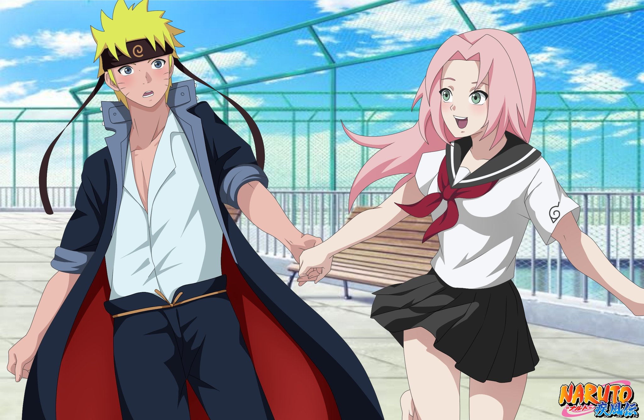 haruno sakura, uzumaki naruto, naruto (series), naruto shippuuden, highres, 1boy, 1girl, blonde hair, blush, green eyes, long hair, pink hair, school uniform, short hair