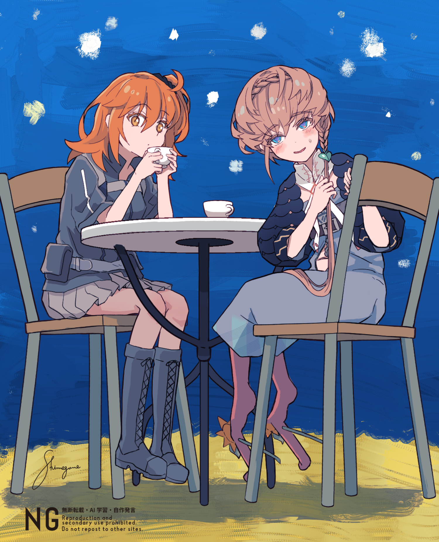 shimogamo (shimomo 12), fujimaru ritsuka (female), van gogh (fate), fate/grand order, fate (series), commentary request, highres, 2girls, black boots, black shirt, blue eyes, blue overalls, blush, boots, brown hair, chair, closed mouth, cup, dot nose, full body, grey skirt, hair between eyes, holding, holding cup, lace-up boots, long hair, looking at viewer, multiple girls, one side up, open mouth, orange eyes, orange hair, overalls, pantyhose, pleated skirt, red pantyhose, round table, shirt, short hair, short sleeves, signature, sitting, skirt, sky, smile, star (sky), starry sky, table, three-quarter sleeves, watermark
