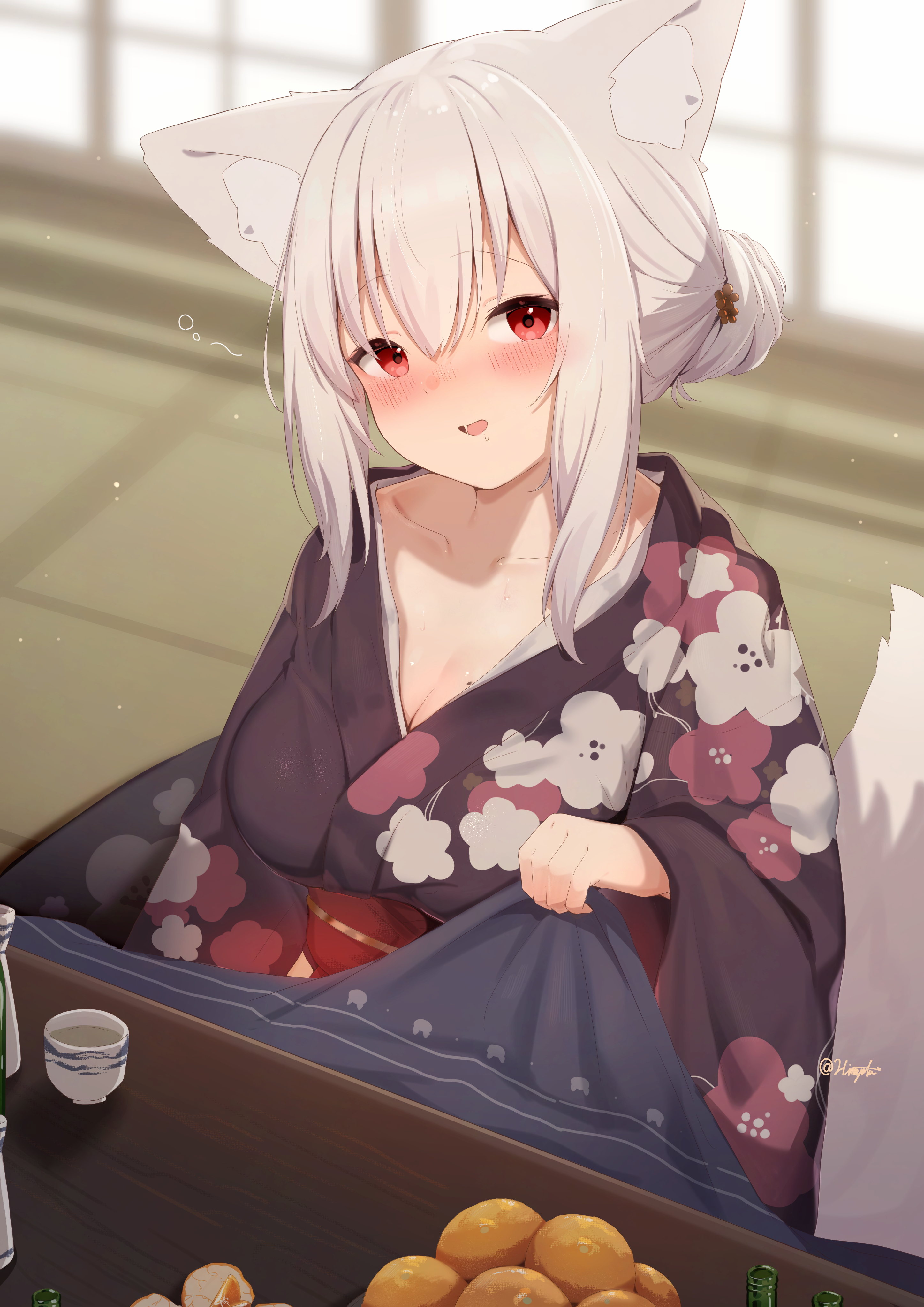 hinata (user rjkt4745), original, absurdres, commentary request, highres, translation request, 1girl, animal ears, black kimono, blush, breasts, cleavage, cup, floral print, floral print kimono, fox ears, fox girl, fox tail, japanese clothes, kimono, kotatsu, looking at viewer, medium breasts, mole, mole on breast, obi, open mouth, print kimono, red eyes, sash, sidelocks, solo, table, tail, tea, twitter username, white hair