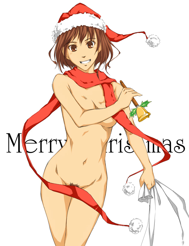 suda (yuunagi enikki), original, bad id, bad pixiv id, 1girl, bag, bell, brown eyes, brown hair, christmas, female focus, female pubic hair, fur-trimmed headwear, fur trim, hat, long scarf, naked scarf, navel, nude, pubic hair, red hat, red scarf, sack, santa hat, scarf, smile, solo