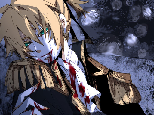 meshi (piapro), shiromeshi, kagamine len, cantarella (vocaloid), vocaloid, 1boy, aqua eyes, blonde hair, blood, male focus, smile, solo