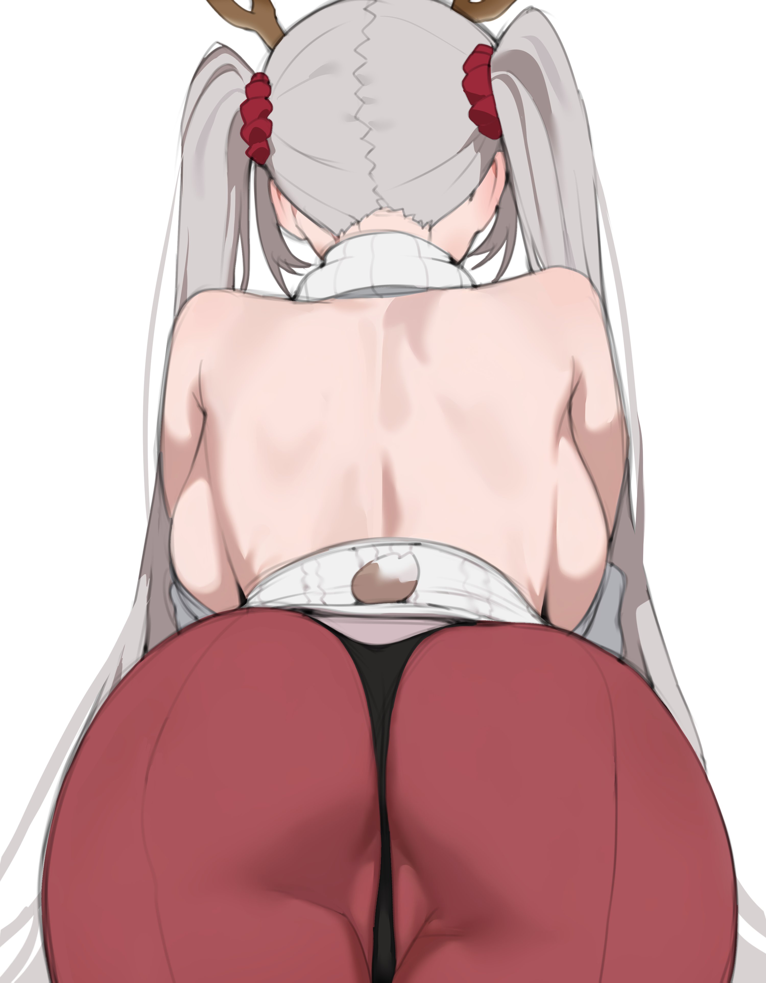 toma (toma50), formidable (azur lane), azur lane, absurdres, highres, 1girl, alternate costume, antlers, ass, back, backboob, backless outfit, black panties, breasts, cowboy shot, deer tail, from behind, grey hair, horns, large breasts, long hair, panties, pantyhose, red pantyhose, reindeer antlers, ribbed sweater, simple background, solo, sweater, tail, turtleneck, turtleneck sweater, twintails, underwear, very long hair, virgin killer sweater, white background, white sweater