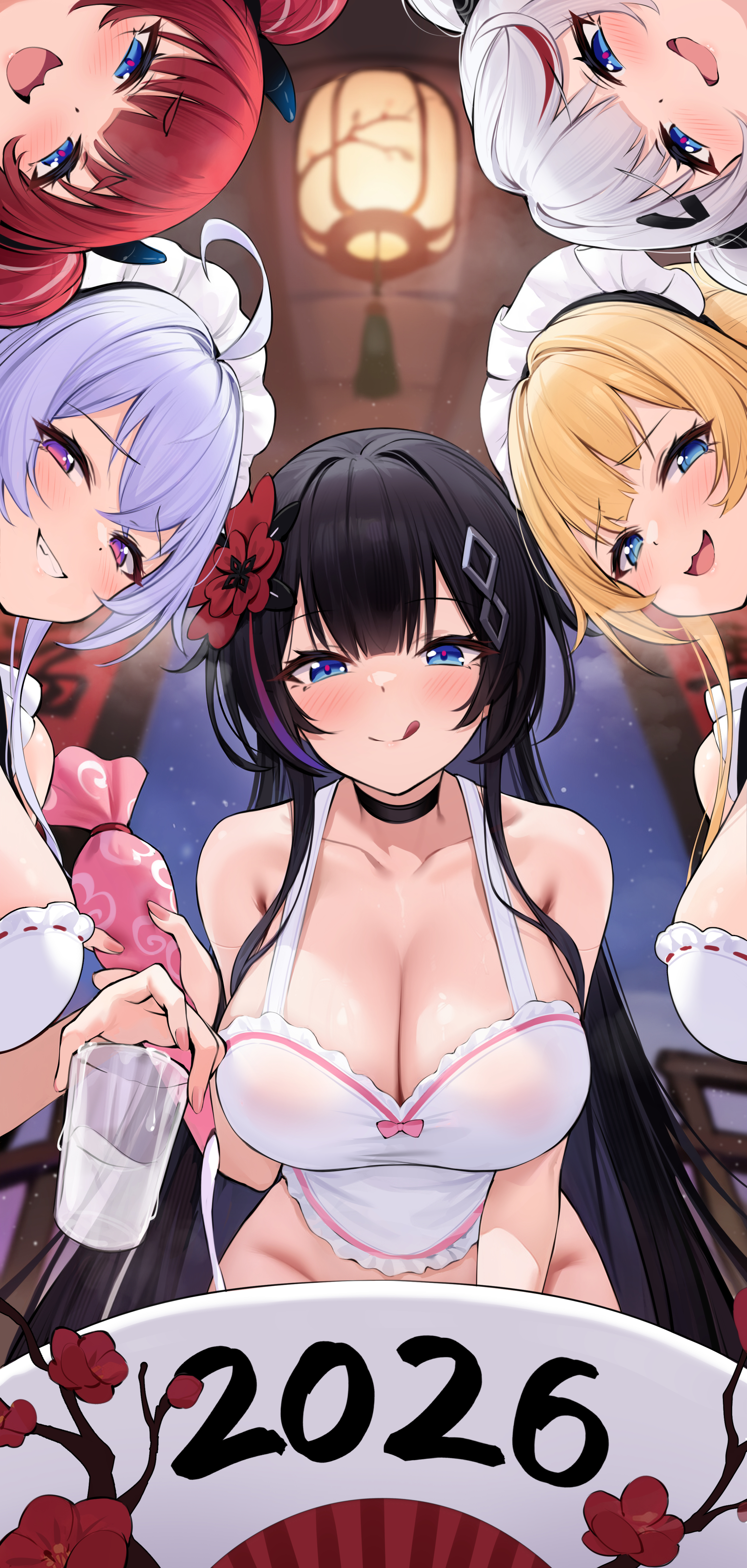 k.t.cube, original, absurdres, commentary request, highres, 2026, 5girls, :3, ahoge, apron, bare shoulders, black hair, blonde hair, blue eyes, blush, breast milk in container, breasts, ceiling light, cleavage, closed mouth, collarbone, crossed bangs, cup, diamond (shape), diamond hair ornament, drinking glass, flower, frilled apron, frilled headwear, frills, from below, gradient eyes, grin, hair between eyes, hair flower, hair ornament, hand fan, hand up, holding, holding pastry bag, horns, lantern, large breasts, licking lips, light particles, looking at viewer, maid, maid headdress, mesugaki, multicolored eyes, multiple girls, nail polish, naked apron, new year, night, open mouth, pastry bag, pink nails, pink pupils, pink trim, purple eyes, purple hair, red hair, ribbon-trimmed apron, ribbon trim, smile, surrounded, teeth, tongue, tongue out, white apron, white hair, white headdress