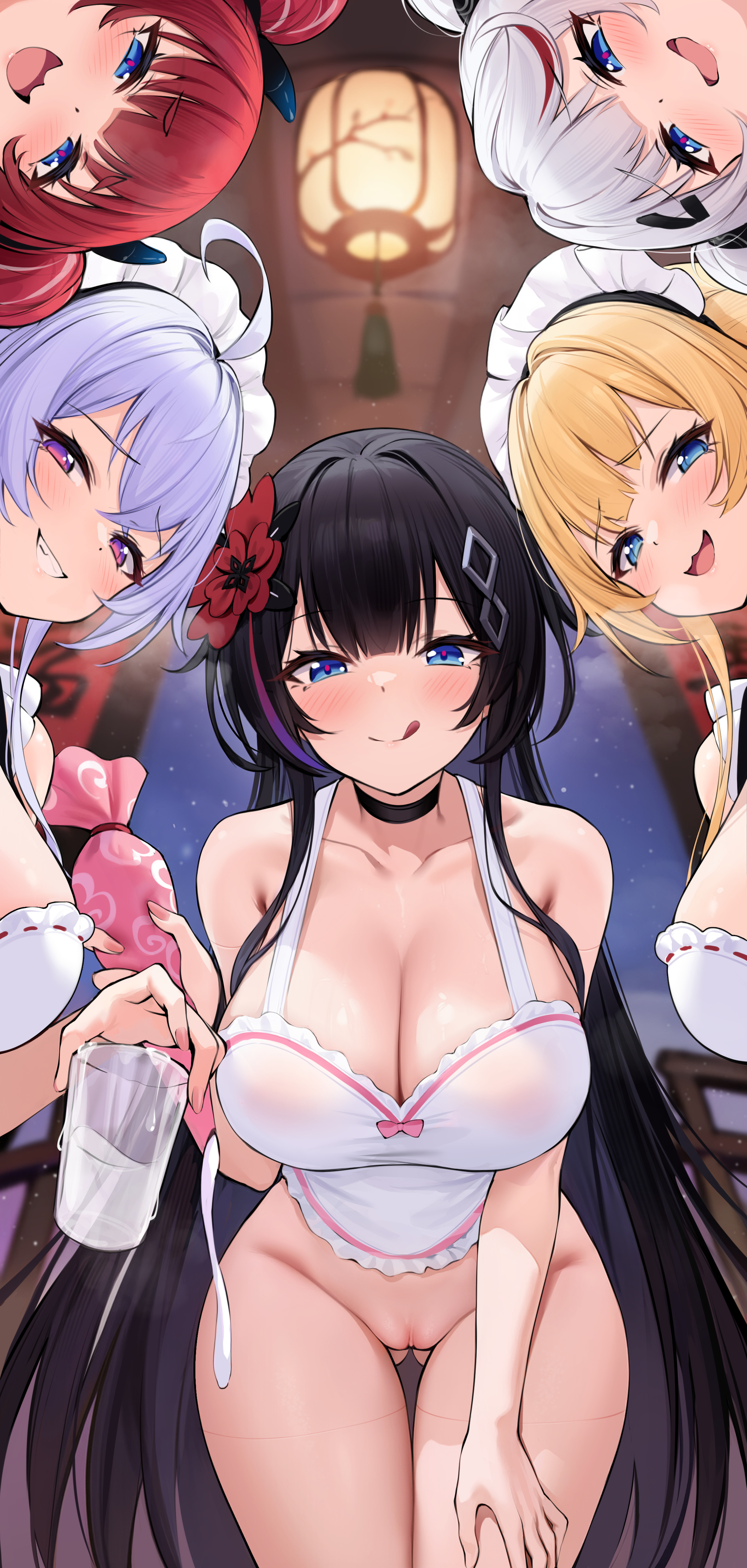k.t.cube, original, absurdres, commentary request, highres, 5girls, :3, ahoge, apron, bare shoulders, black hair, blonde hair, blue eyes, blush, breast milk in container, breasts, ceiling light, cleavage, closed mouth, collarbone, crossed bangs, cup, diamond (shape), diamond hair ornament, drinking glass, flower, frilled apron, frills, from below, gluteal fold, gradient eyes, grin, groin, hair between eyes, hair flower, hair ornament, hand on own thigh, hand up, holding, holding pastry bag, horns, lantern, large breasts, leaning forward, licking lips, light particles, looking at viewer, maid, maid headdress, mesugaki, multicolored eyes, multiple girls, nail polish, naked apron, new year, night, open mouth, pastry bag, pink nails, pink pupils, pink trim, purple eyes, purple hair, pussy, red hair, ribbon-trimmed apron, ribbon trim, smile, standing, surrounded, teeth, thighs, tongue, tongue out, white apron, white hair