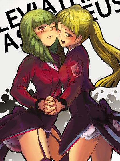 furutachirikonbu, asmodeus (umineko), leviathan (umineko), stakes of purgatory, umineko no naku koro ni, 00s, black panties, black thighhighs, blonde hair, garter straps, green hair, long hair, panties, red eyes, red hair, thighhighs, twintails, underwear