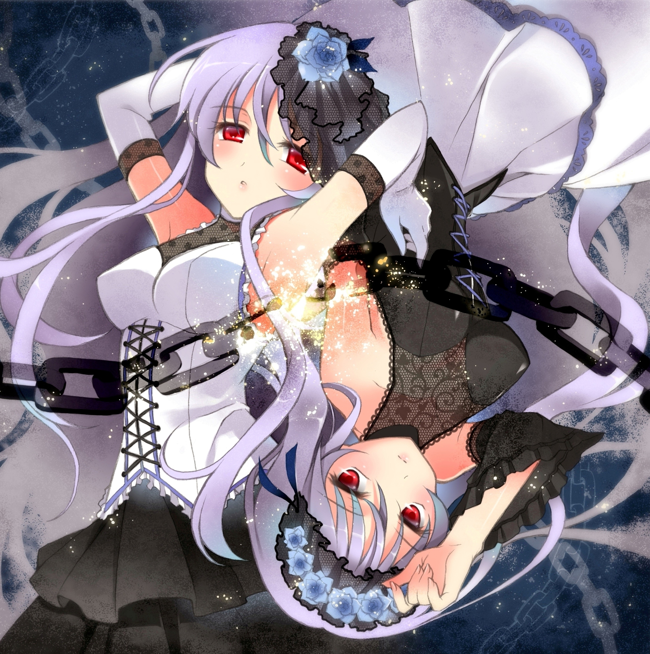 pan (mimi), original, bad id, bad pixiv id, highres, 2girls, armpits, blouse, elbow gloves, fingernails, flower, frilled shirt, frills, gloves, hair between eyes, hair ornament, hairband, lace, lace-trimmed shirt, lace trim, long fingernails, long hair, multiple girls, purple hair, red eyes, shirt, sleeveless, sleeveless shirt, very long hair