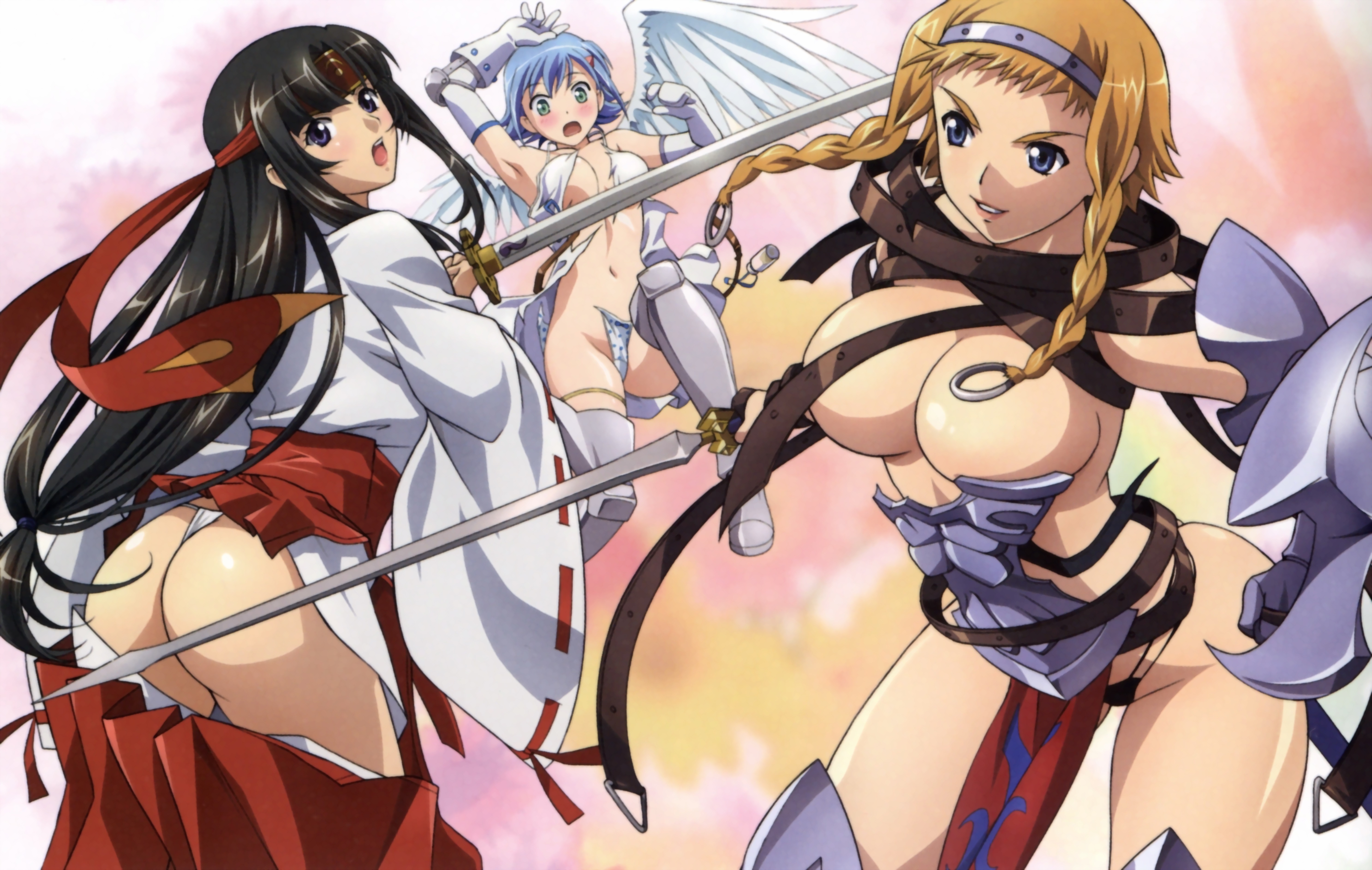 rin-sin, angel of light nanael, exiled warrior leina, leina (queen's blade), musha miko tomoe, nanael (queen's blade), tomoe (queen's blade), queen's blade, absurdres, highres, 00s, 3girls, :o, angel, angel wings, armor, armpits, ass, asymmetrical wings, blonde hair, blue eyes, blue hair, blush, boots, bra, braid, breasts, buckle, censored, cleavage, convenient censoring, elbow gloves, flying, fundoshi, gloves, green eyes, hair ornament, hairband, hairclip, headband, japanese clothes, jewelry, katana, large breasts, lingerie, loincloth, long hair, looking back, low-tied long hair, miko, multiple girls, open mouth, panties, polka dot, polka dot panties, ring, short hair, smile, strap, sword, tearing clothes, thigh boots, thigh strap, thighhighs, torn clothes, twin braids, underwear, very long hair, wardrobe malfunction, weapon, wings