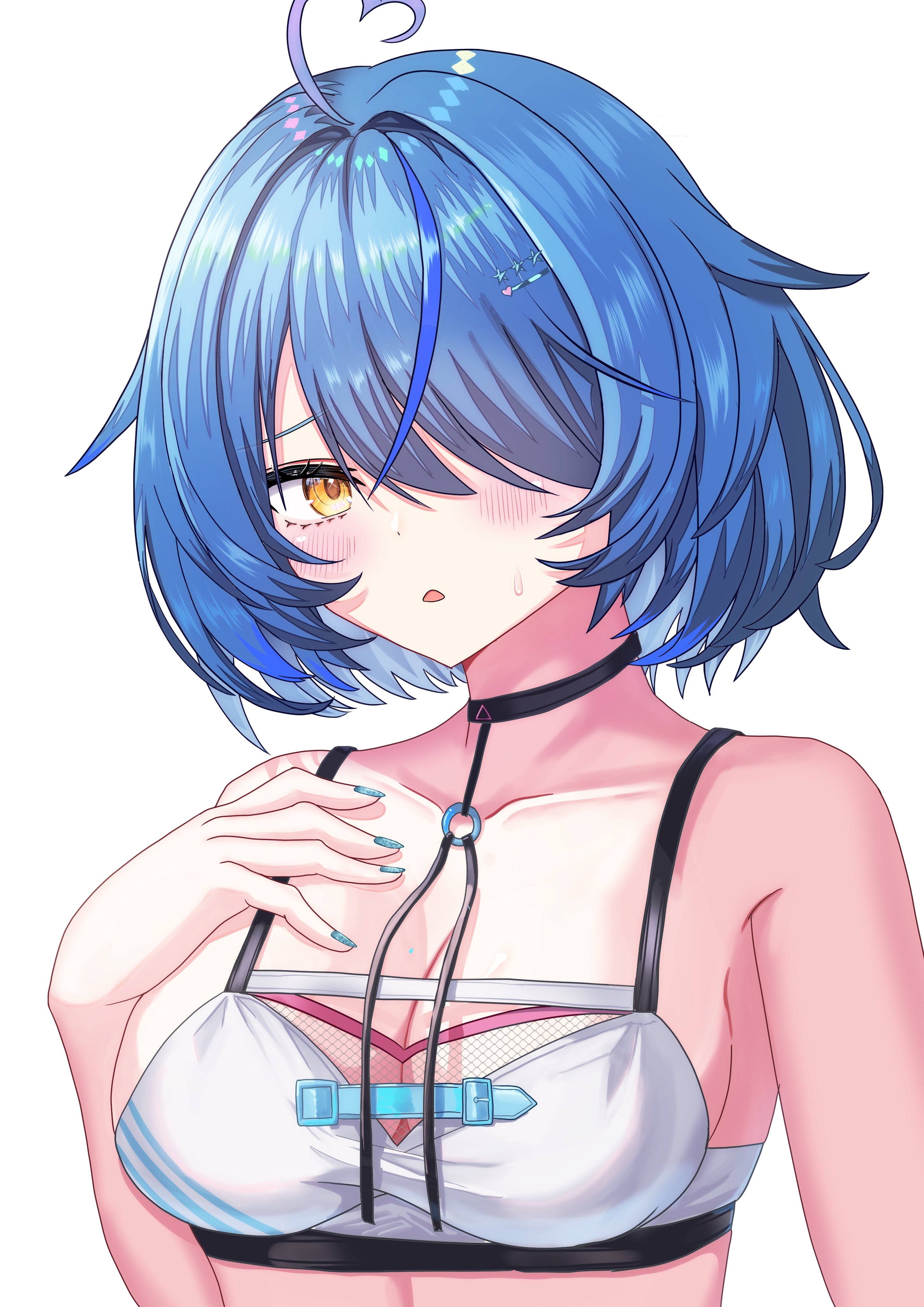 yukihana lamy, yukihana lamy (cyber), hololive, absurdres, commentary request, highres, 1girl, black choker, black jacket, blue hair, blush, bra, breasts, choker, cleavage, collarbone, elf, fingernails, hair over one eye, heart, jacket, large breasts, mizoleoekaki, nail polish, navel, open mouth, pointy ears, short hair, simple background, smile, solo, underwear, upper body, virtual youtuber, white background, white bra, yellow eyes