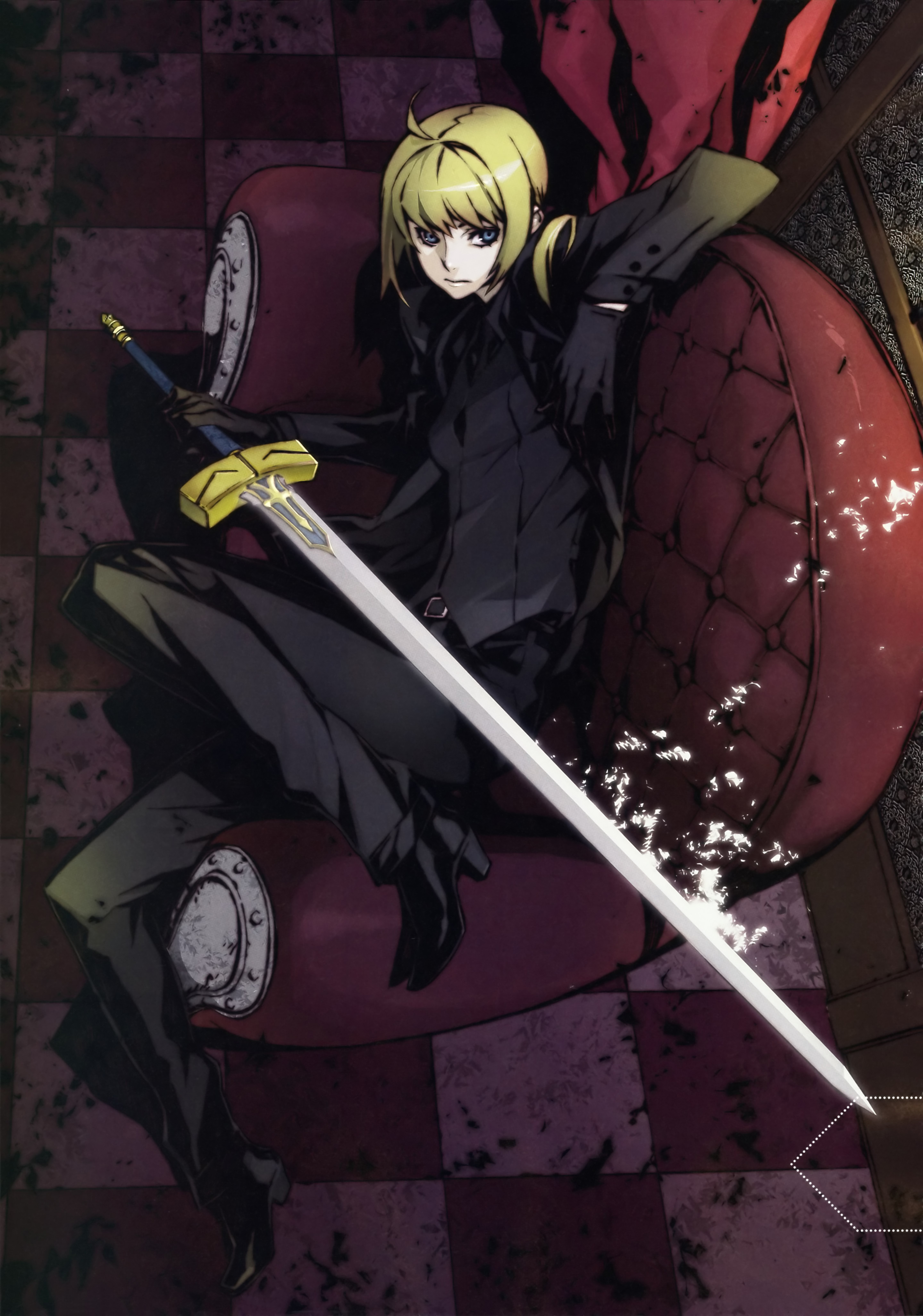 miwa shirow, artoria pendragon (fate), saber (fate), fate/zero, fate (series), type-moon, absurdres, highres, 1girl, ahoge, armchair, black gloves, blonde hair, chair, checkered floor, crossdressing, crossdressing (ftm), excalibur (fate/stay night), female focus, floor, formal clothes, from above, full body, gloves, green eyes, jacket, long hair, lying, on side, pant suit, pants, ponytail, sitting, solo, suit, sword, vest, waistcoat, weapon